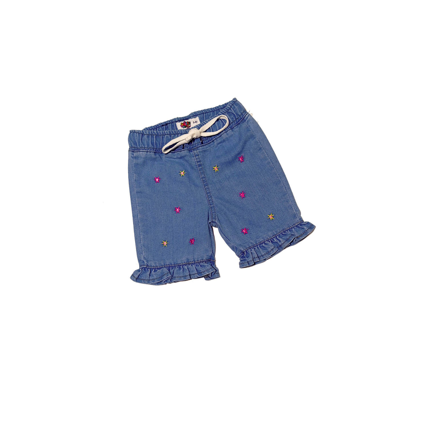 Stars Multi Flowers Frill Hem Denim Short -Sky Blue