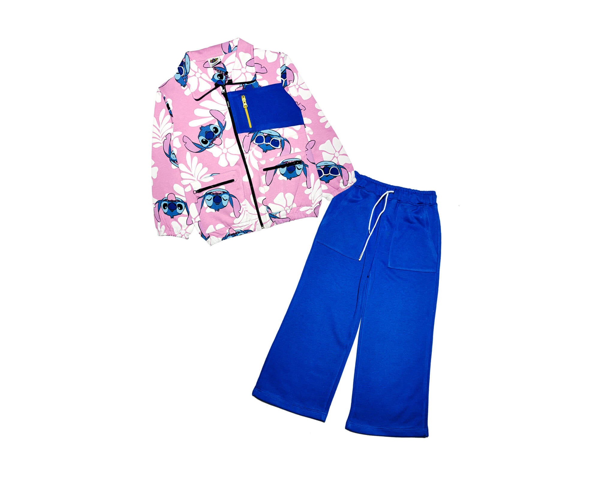 Stitch Zip Pocket Style Terry Mock Neck Sweat &amp; Flare Trouser - Baby Pink &amp; Royal Blue