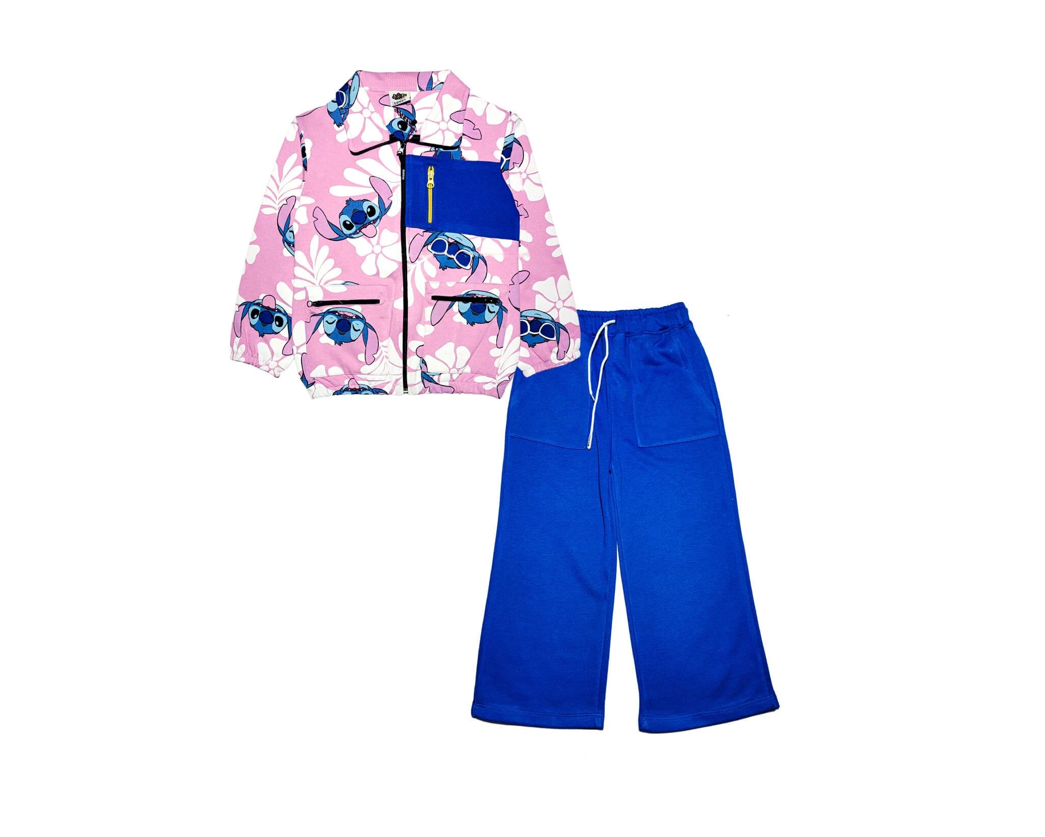 Stitch Zip Pocket Style Terry Mock Neck Sweat &amp; Flare Trouser - Baby Pink &amp; Royal Blue