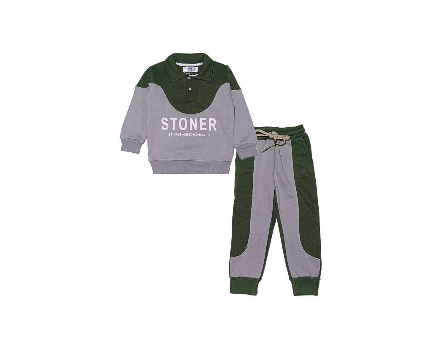 Stoner Round Penal Coller Style Fleece Tracksuit - Green & Grey 
