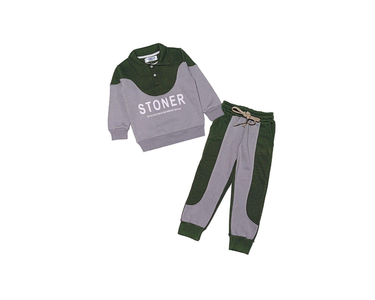 Stoner Round Penal Coller Style Fleece Tracksuit - Green & Grey1