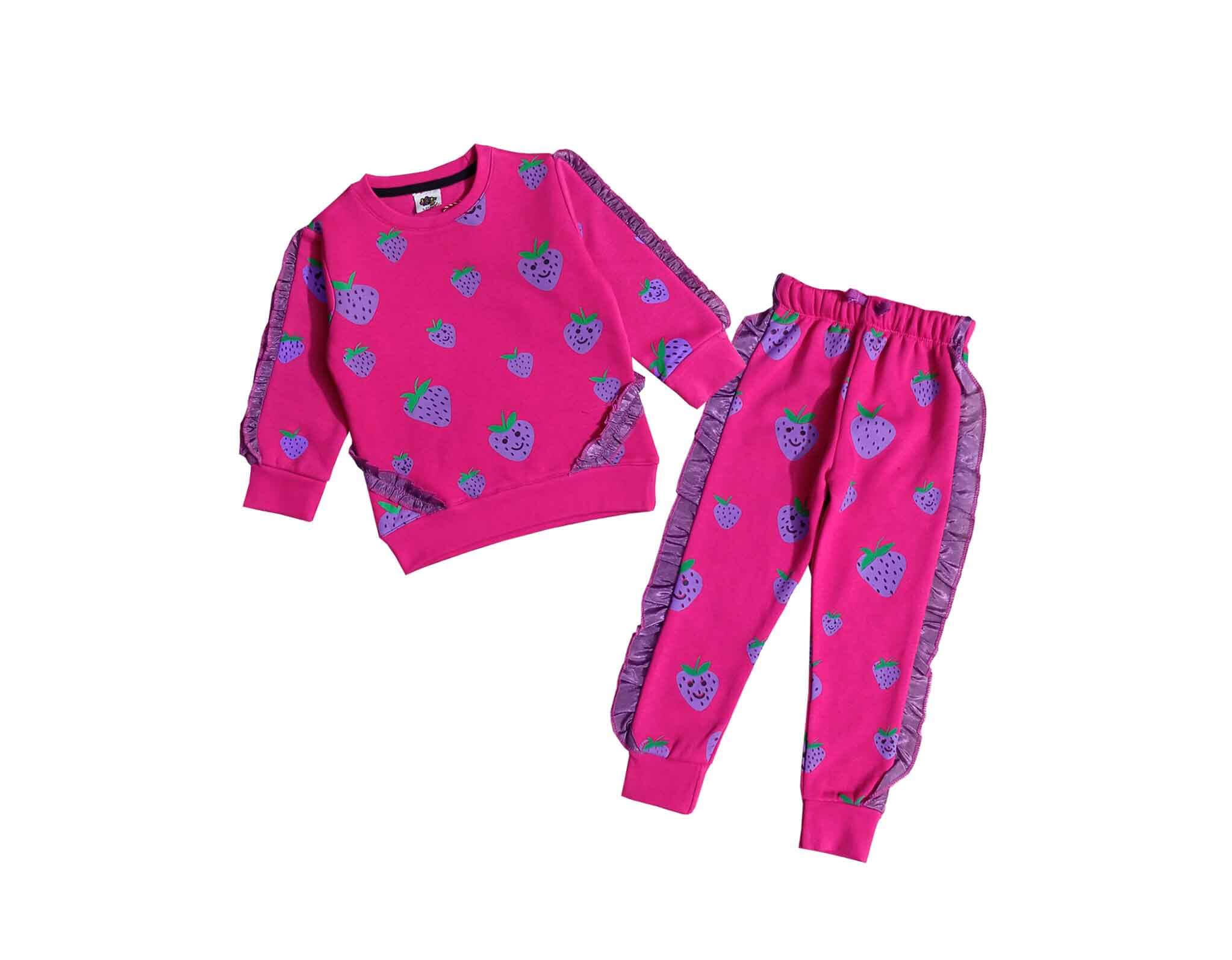 Strawberry Stylish Frill Fleece Tracksuit - Shocking Pink