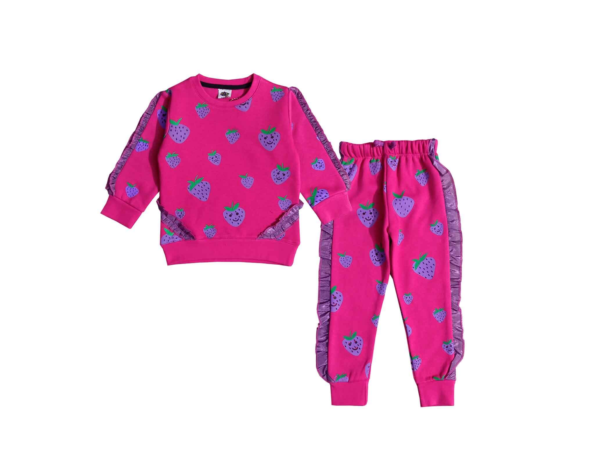 Strawberry Stylish Frill Fleece Tracksuit - Shocking Pink