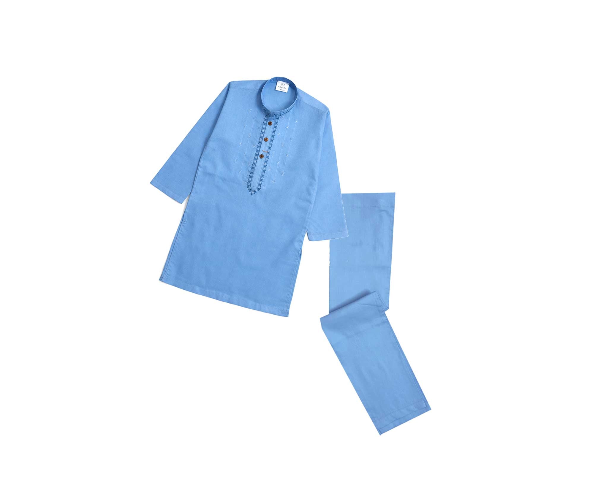 Stylish Front Embroidery Cotton Kurta &amp; Trouser Set – Sky Blue