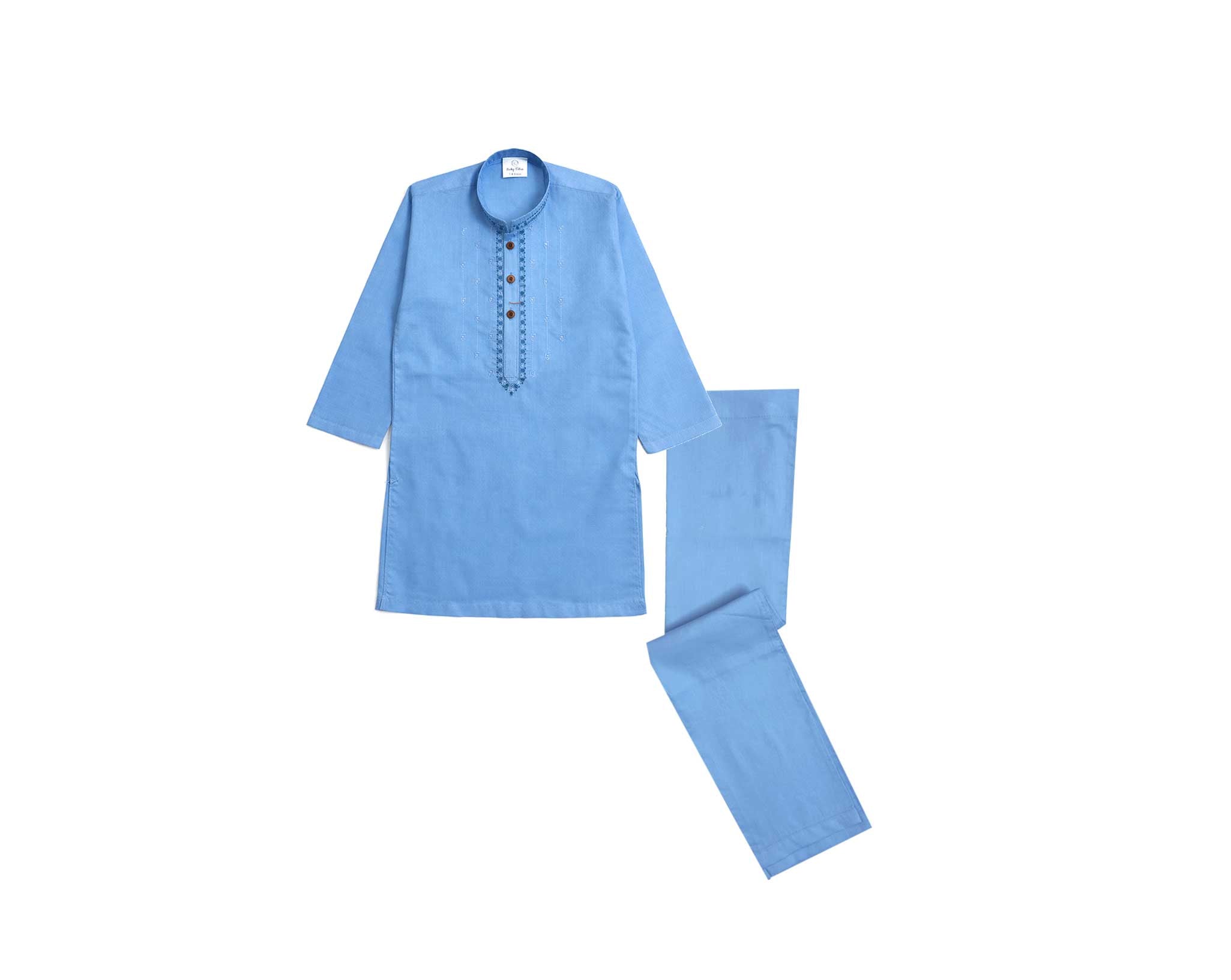 Stylish Front Embroidery Cotton Kurta &amp; Trouser Set – Sky Blue