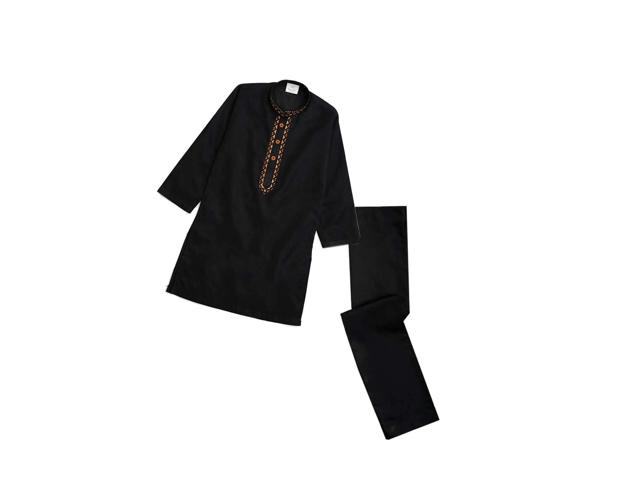 Stylish Golden Embroidery Cotton Kurta &amp; Trouser Set – Black