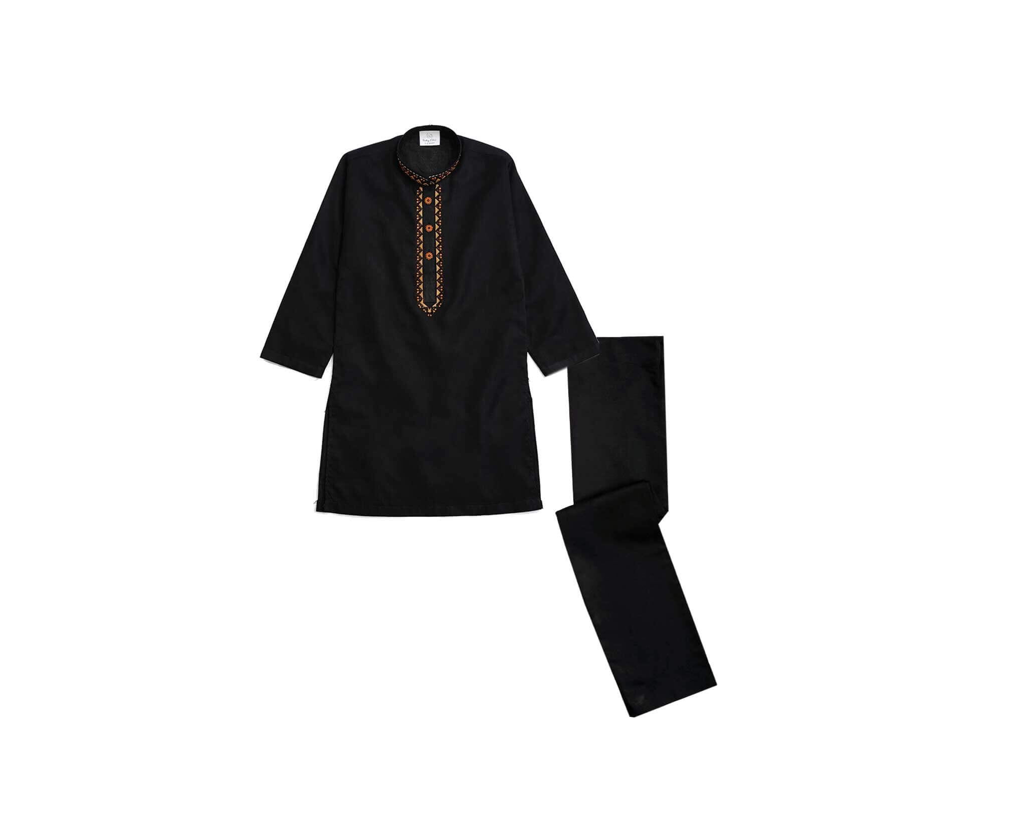 Stylish Golden Embroidery Cotton Kurta &amp; Trouser Set – Black