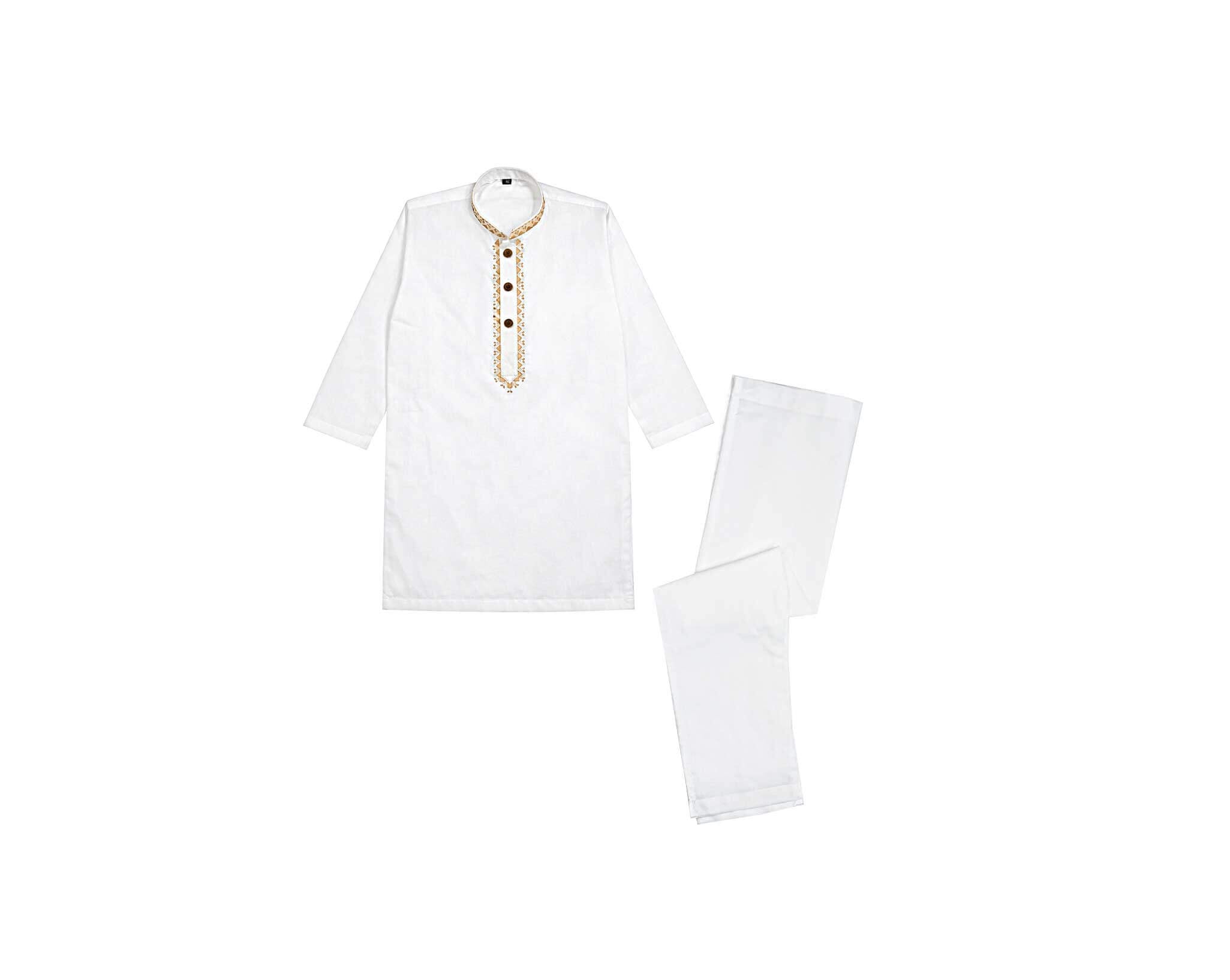Stylish Mustered Embroidery Cotton Kurta &amp; Trouser Set –Off White