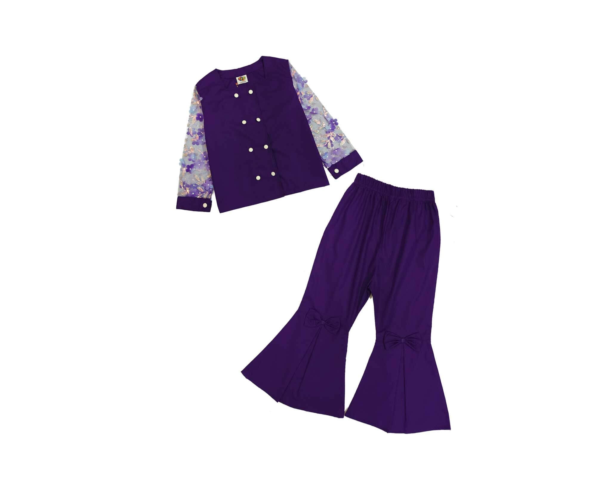 Stylish Net Sleeve Flowers Cotton outfit with flared pants–Dark Purple