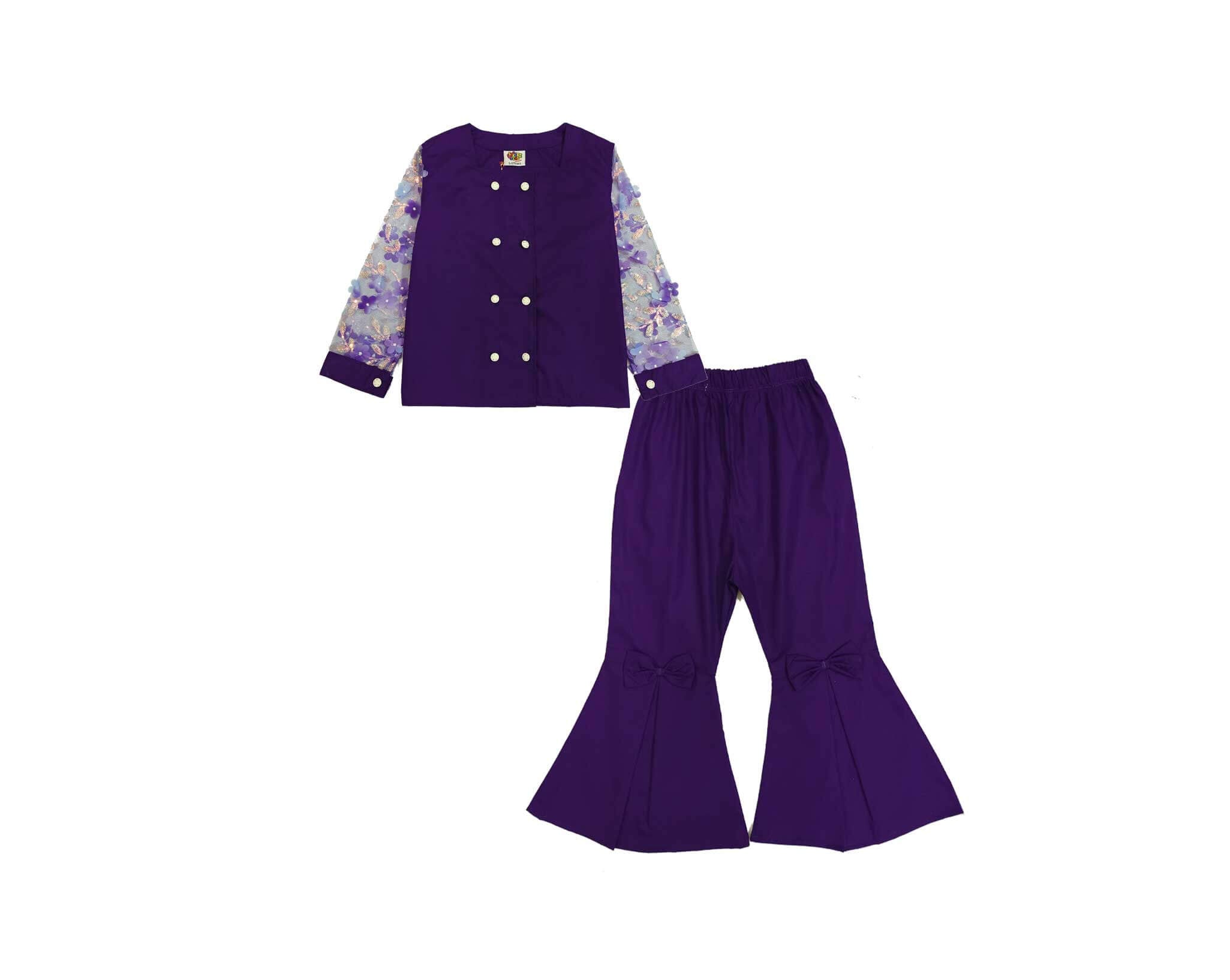 Stylish Net Sleeve Flowers Cotton outfit with flared pants–Dark Purple