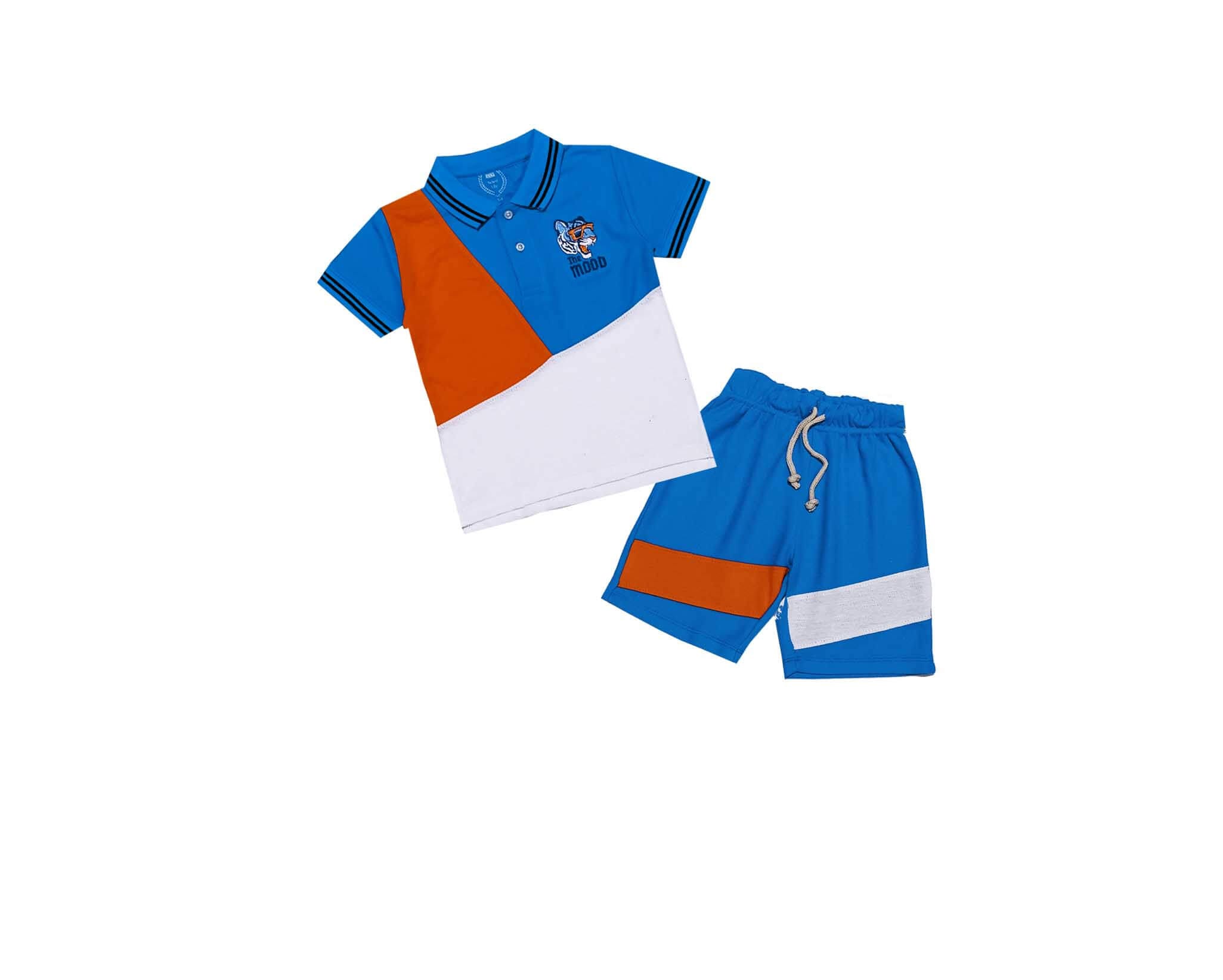 Stylish Penal Lion Mood Logo Peque Fabric Polo &amp; Short - Orange Blue &amp; White