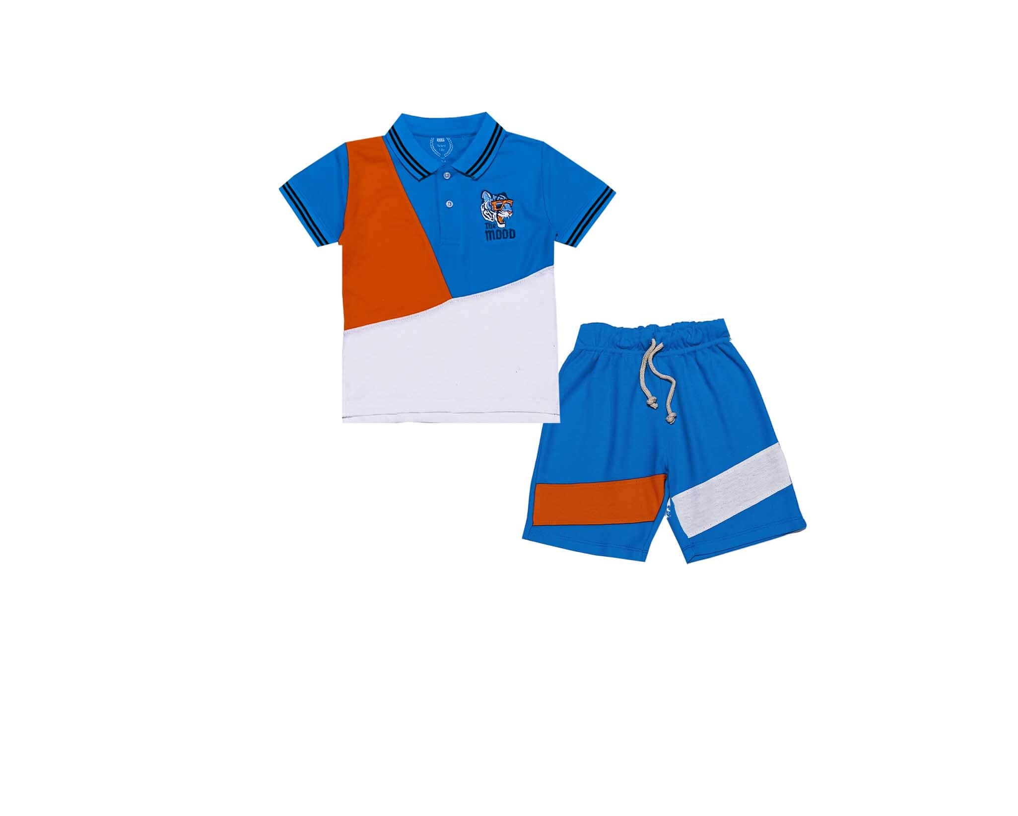 Stylish Penal Lion Mood Logo Peque Fabric Polo &amp; Short - Orange Blue &amp; White