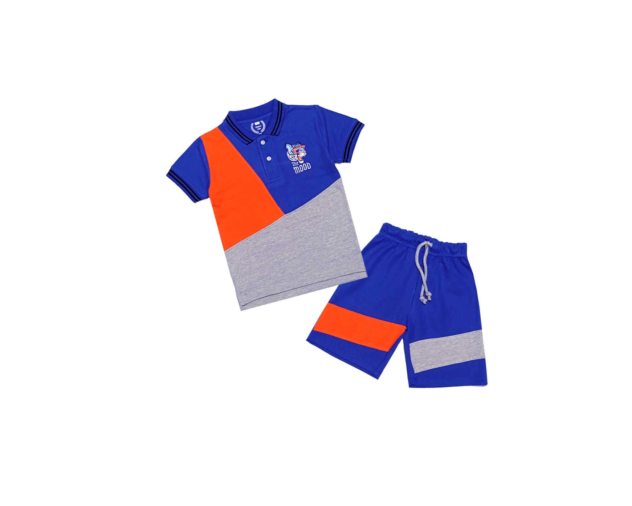 Stylish Penal Lion Mood Logo Peque Fabric Polo &amp; Short - Orange Royal Blue &amp; Heder Grey