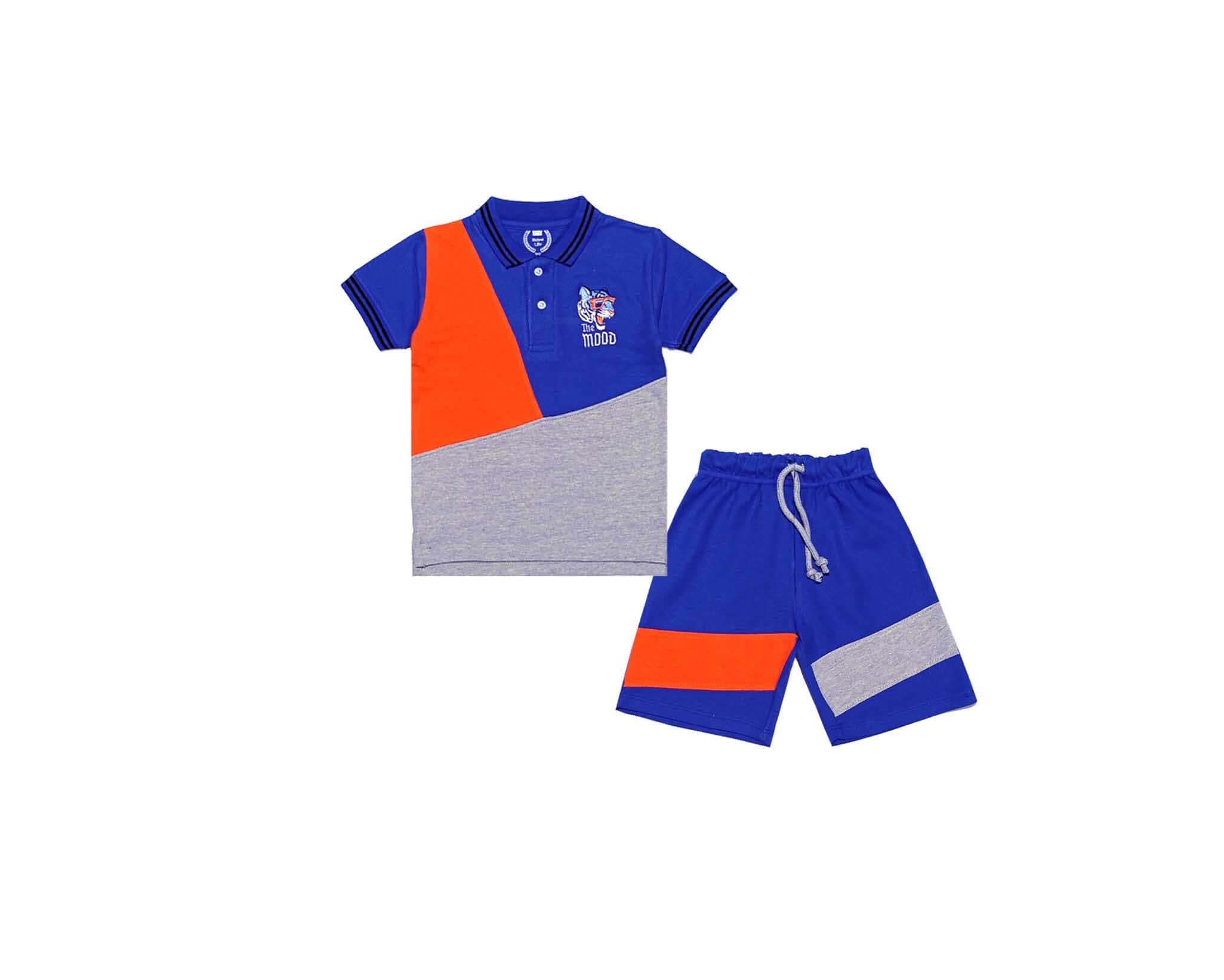 Stylish Penal Lion Mood Logo Peque Fabric Polo &amp; Short - Orange Royal Blue &amp; Heder Grey