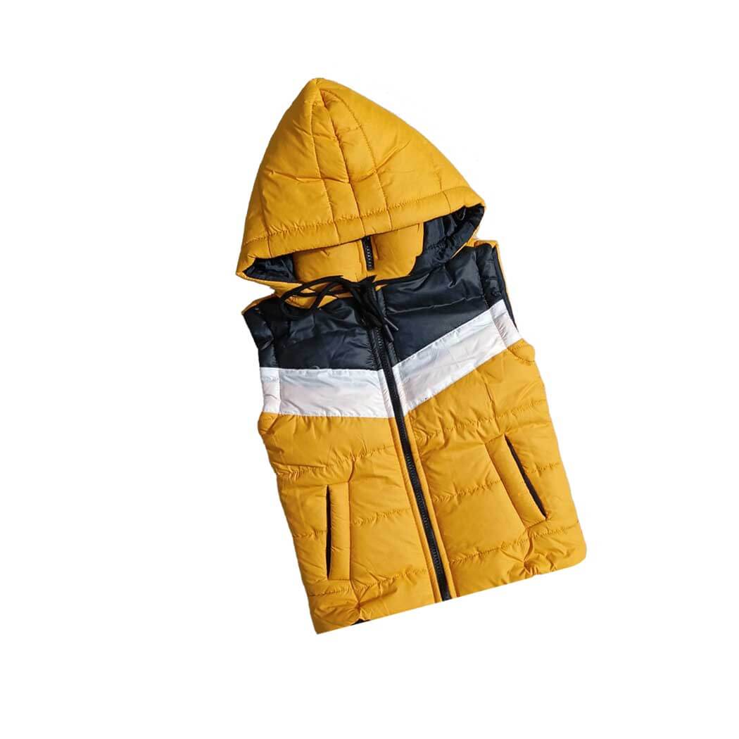 Stylish Penal Sleeveless Mustard Hooded Puffer Jacket - Mustard White &amp; Black