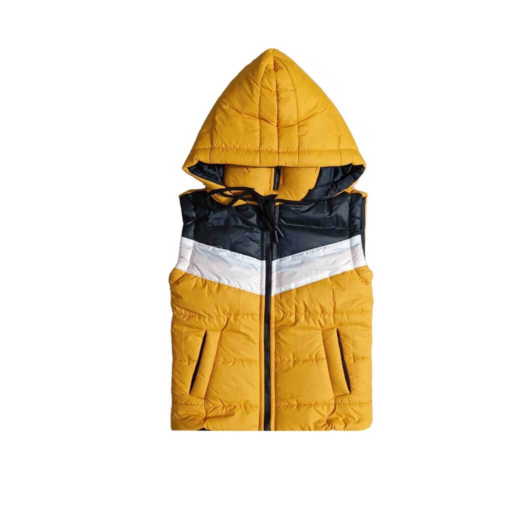 Stylish Penal Sleeveless Mustard Hooded Puffer Jacket - Mustard White &amp; Black