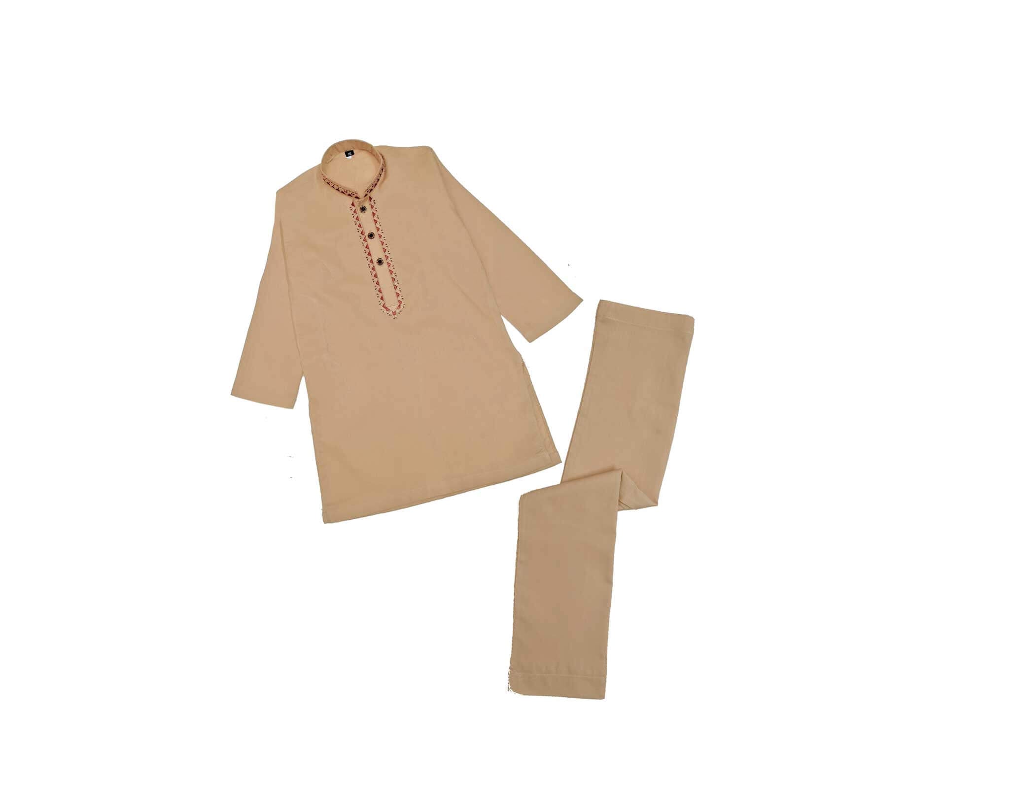 Stylish Red Embroidery Cotton Kurta &amp; Trouser Set – Light Brown