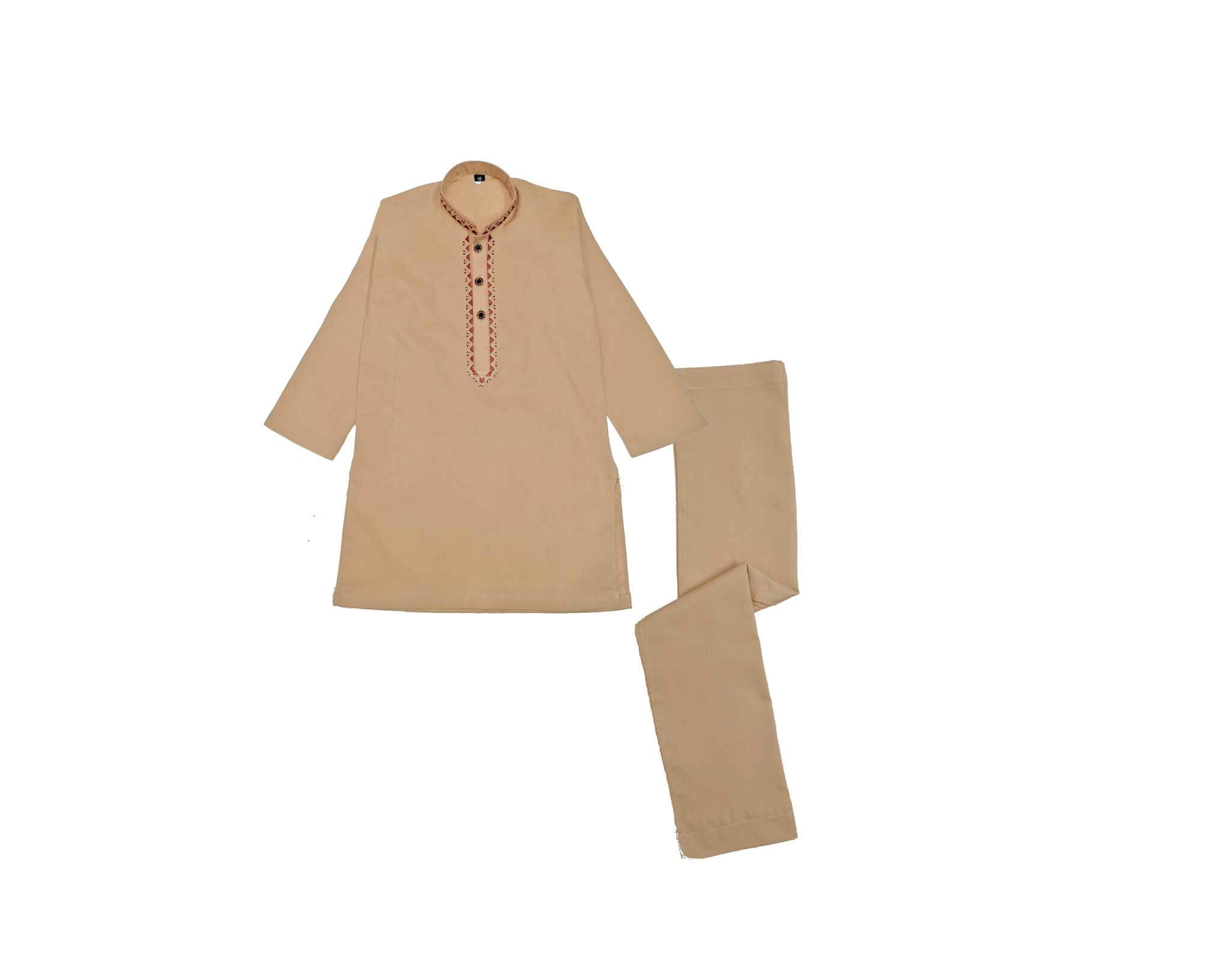 Stylish Red Embroidery Cotton Kurta &amp; Trouser Set – Light Brown