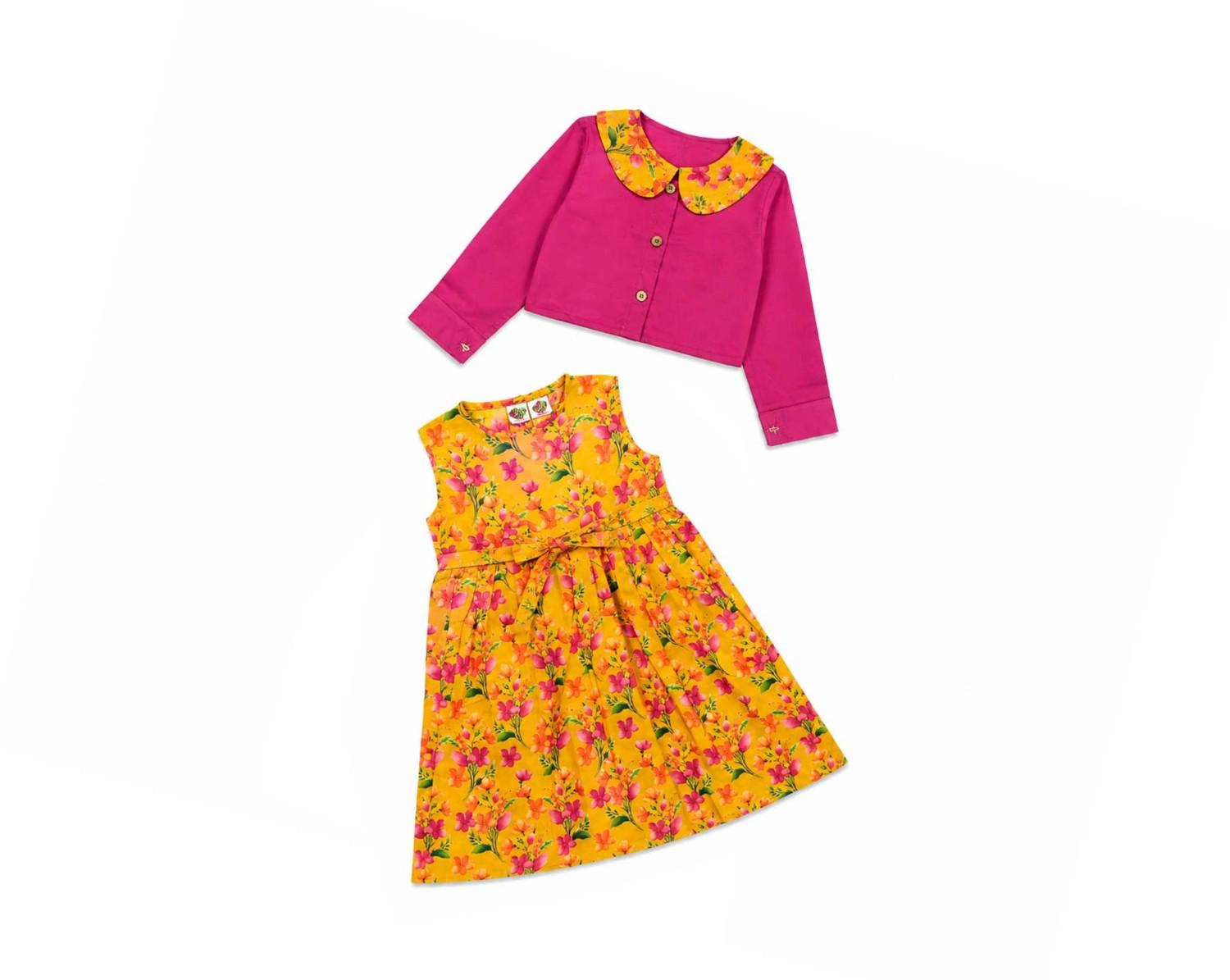 Stylish Coller Top And Frock - Shocking Pink & Yellow-1