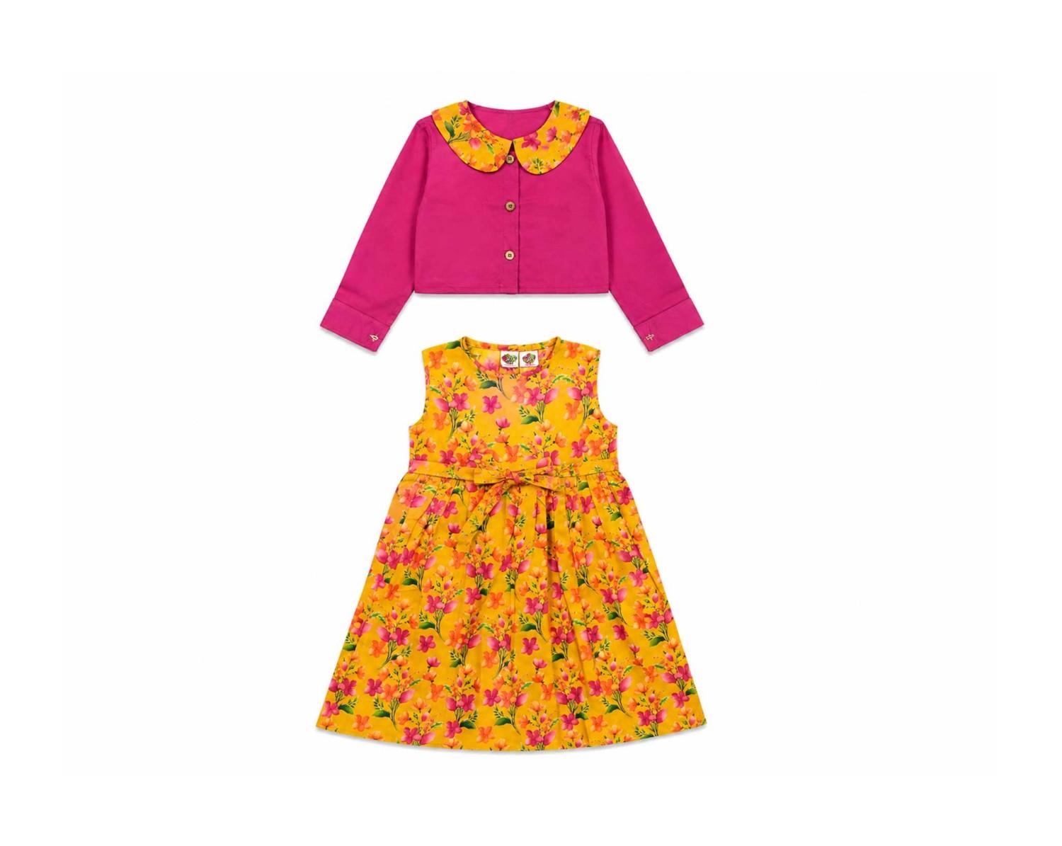 Stylish Coller Top And Frock - Shocking Pink & Yellow