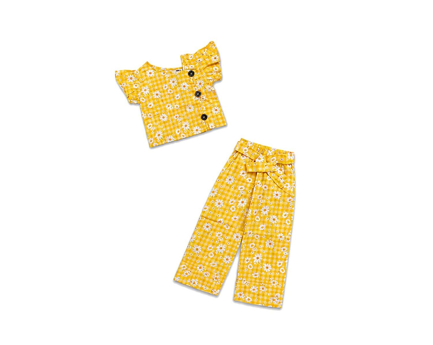 Stylish Neck Top With Frilled Sleeves & Flapper Trouser - Yellow