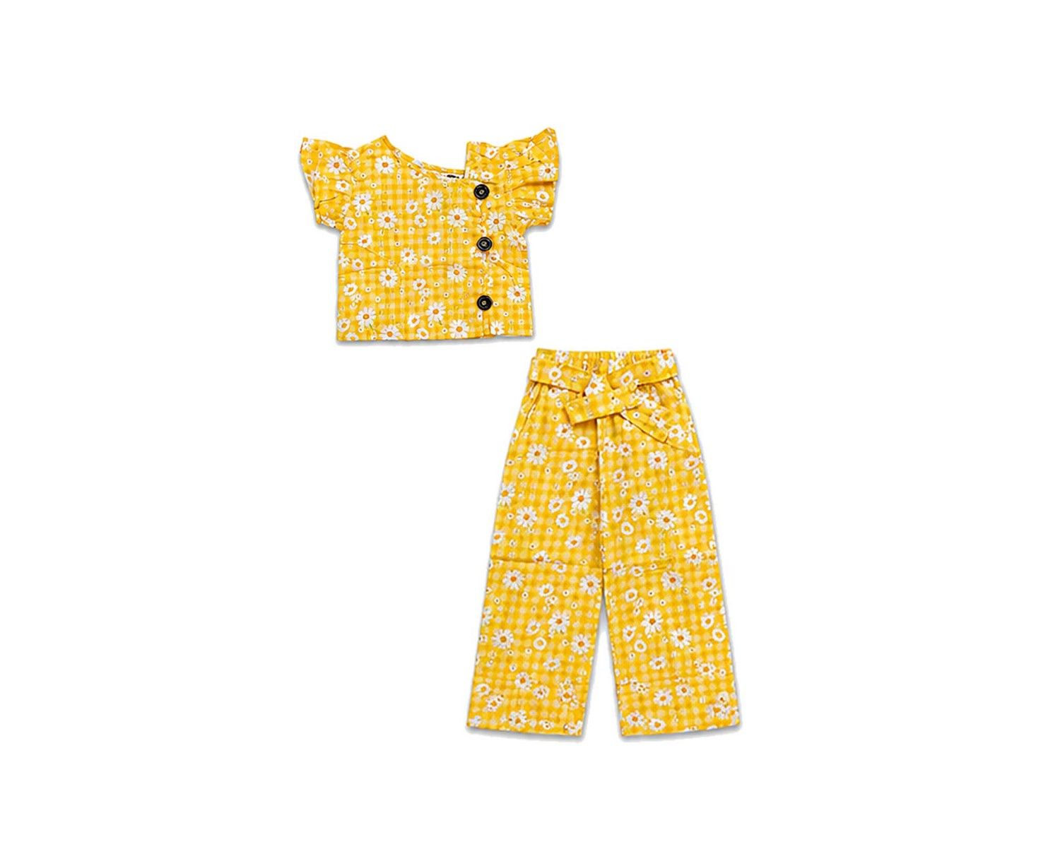 Stylish Neck Top With Frilled Sleeves & Flapper Trouser - Yellow