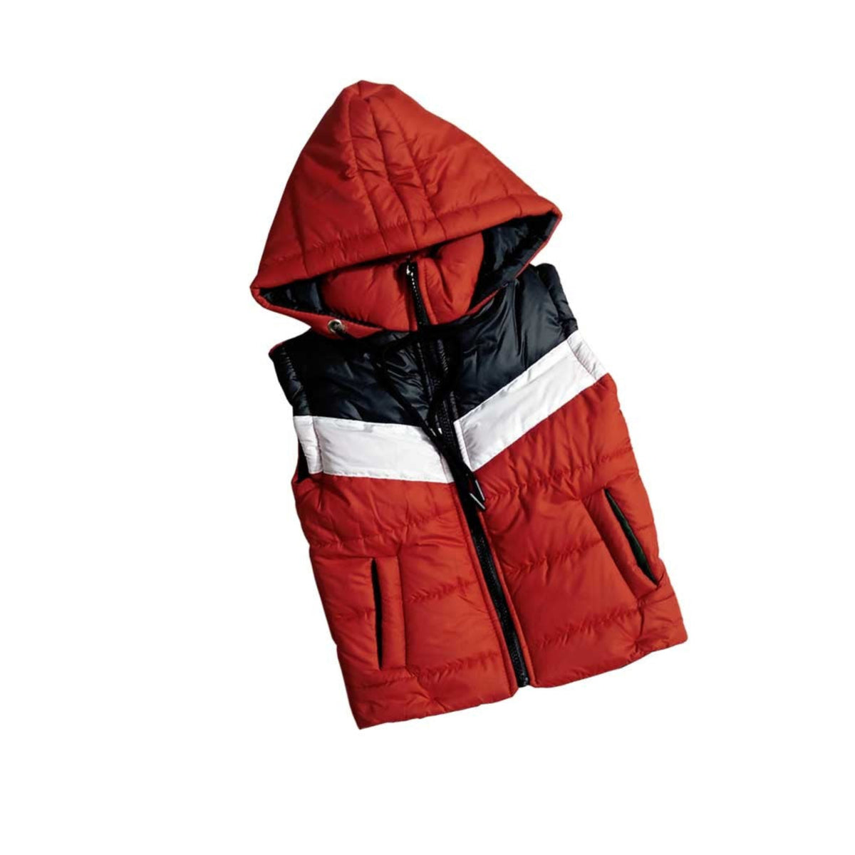 Stylish Penal Sleeveless Black Hooded Puffer Jacket - Red White & Black