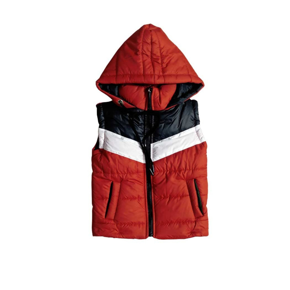 Stylish Penal Sleeveless Black Hooded Puffer Jacket - Red White & Black