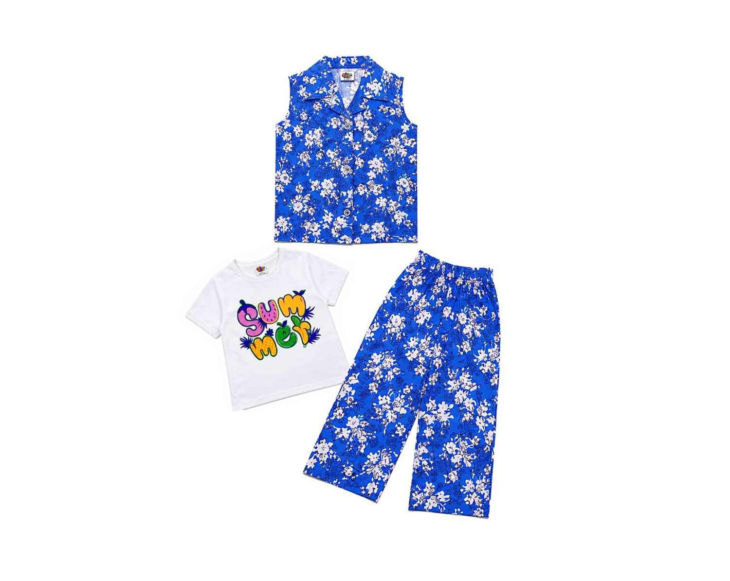Summer Flowers Printed Tee Shirt Sleeveless Inner & Flapper Trouser - Royal Blue