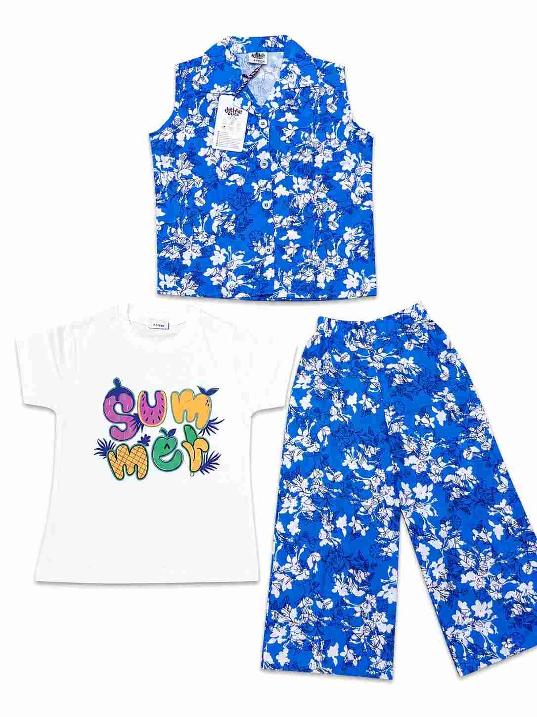 Summer Flowers Printed Tee Shirt Sleeveless Inner & Flapper Trouser - Royal Blue