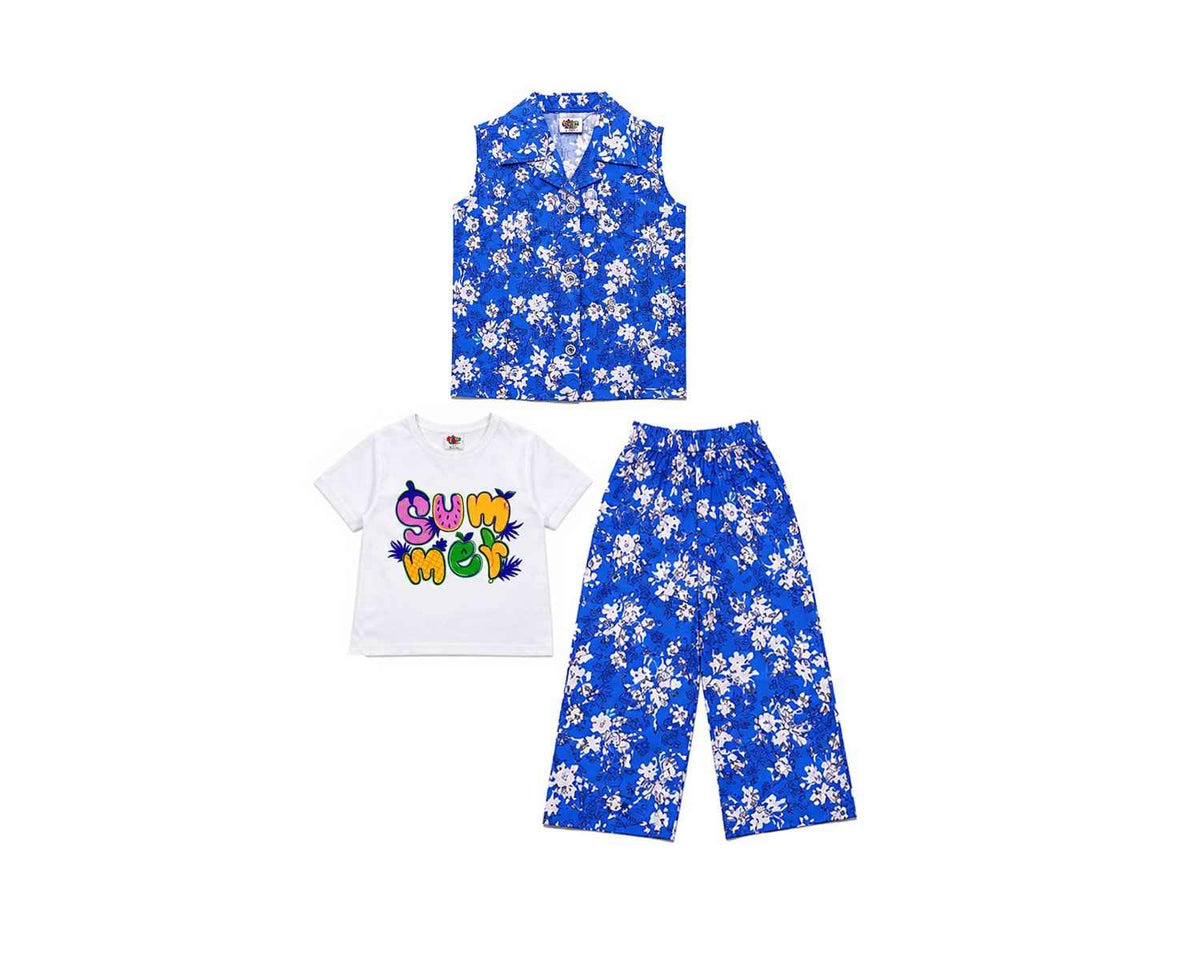 Summer Flowers Printed Tee Shirt Sleeveless Inner & Flapper Trouser - Royal Blue