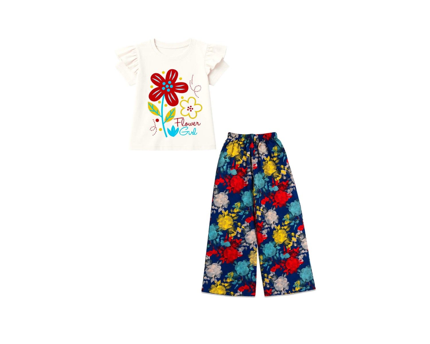SunFlowerFrillShirtHalfSleeveFlowerPrintedFlapperTrouser-OffWhite_NavyBlue