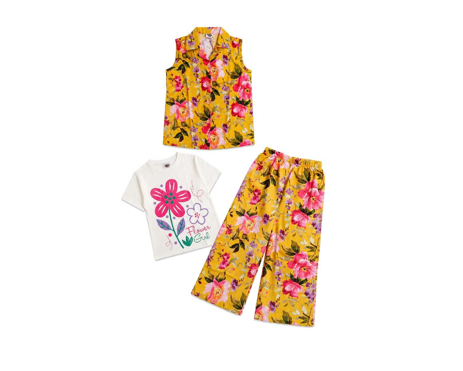 Sun Flower Girl Printed Tee Shirt Sleeveless Inner & Flapper Trouser - Yellow