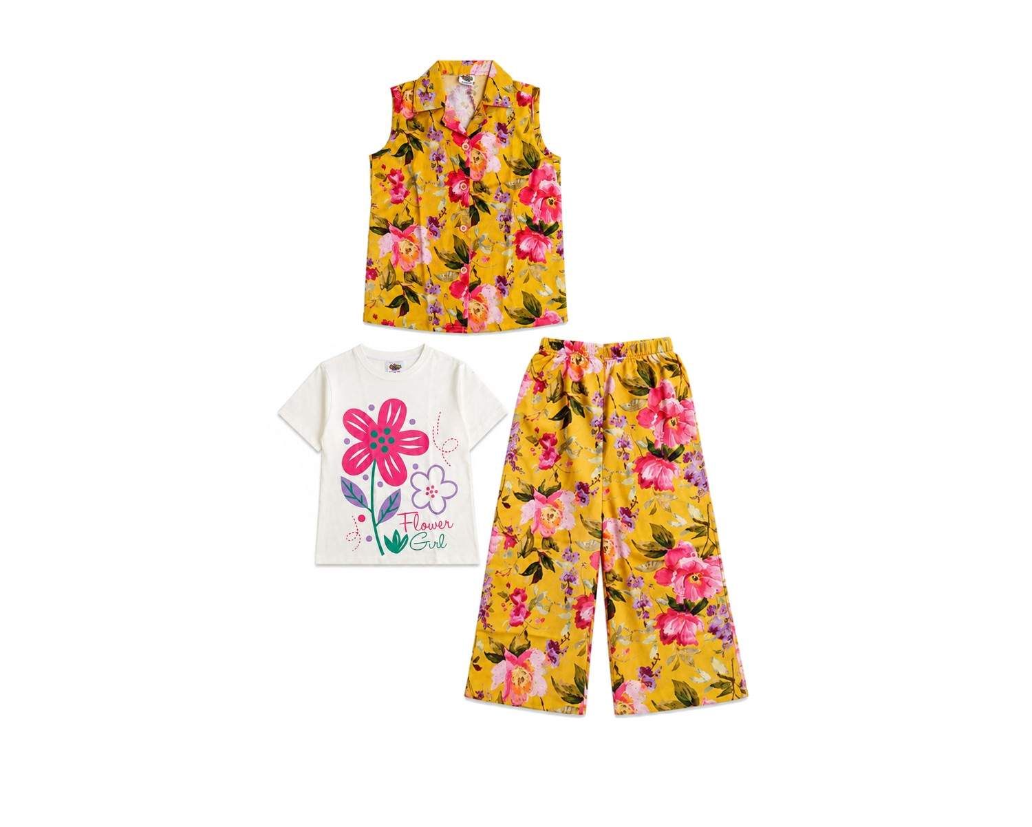 Sun Flower Girl Printed Tee Shirt Sleeveless Inner & Flapper Trouser - Yellow