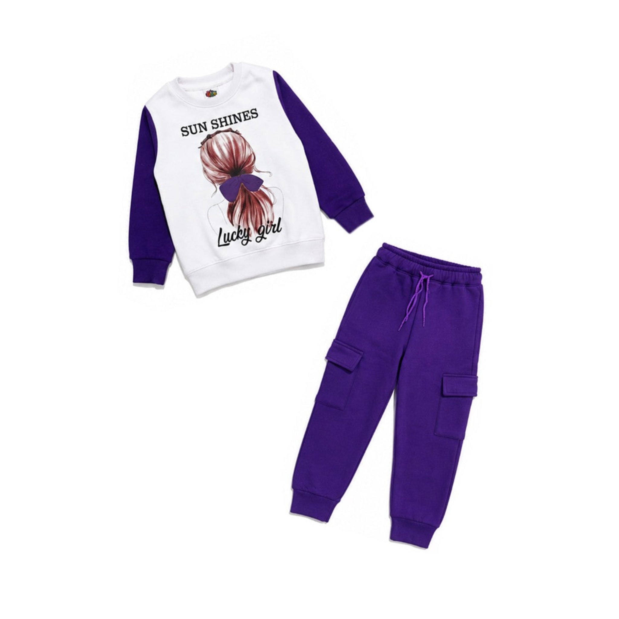 Sun Shine Lucky Girl Fleece Tracksuit - White & Dark Purple