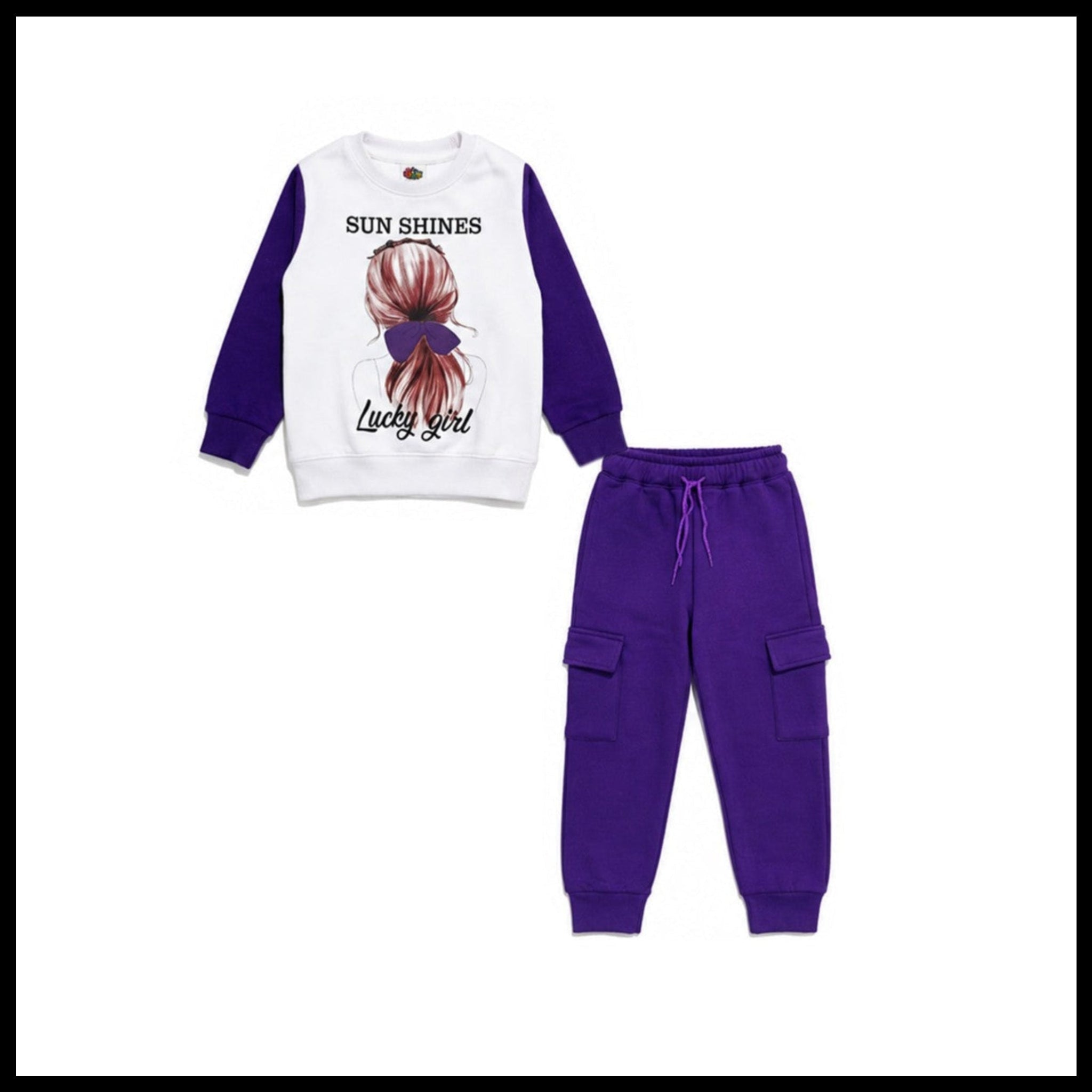 Sun Shine Lucky Girl Fleece Tracksuit - White & Dark Purple