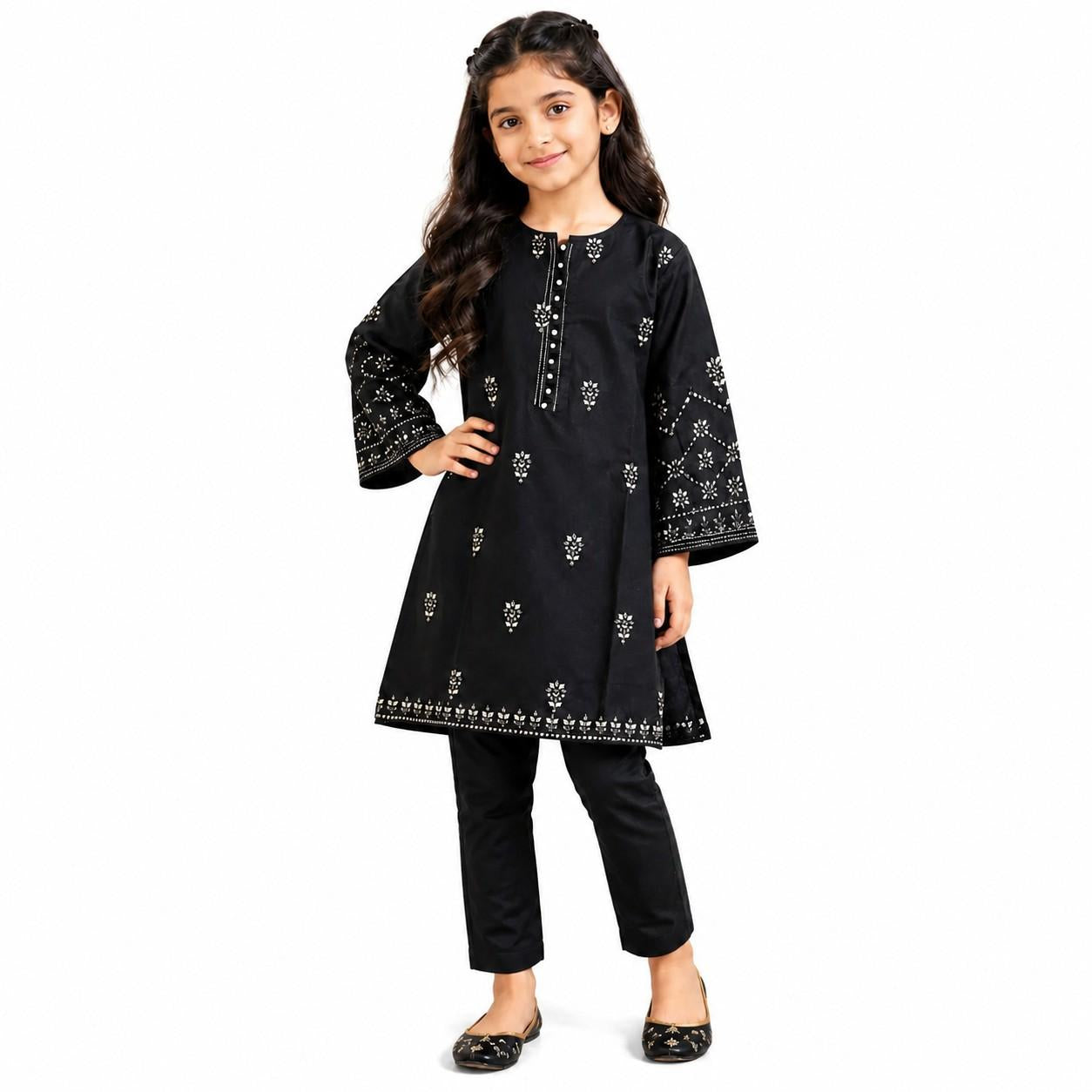 Sunflower Embroidered With Tilla Work Cotton Kurta & Trouser - Black