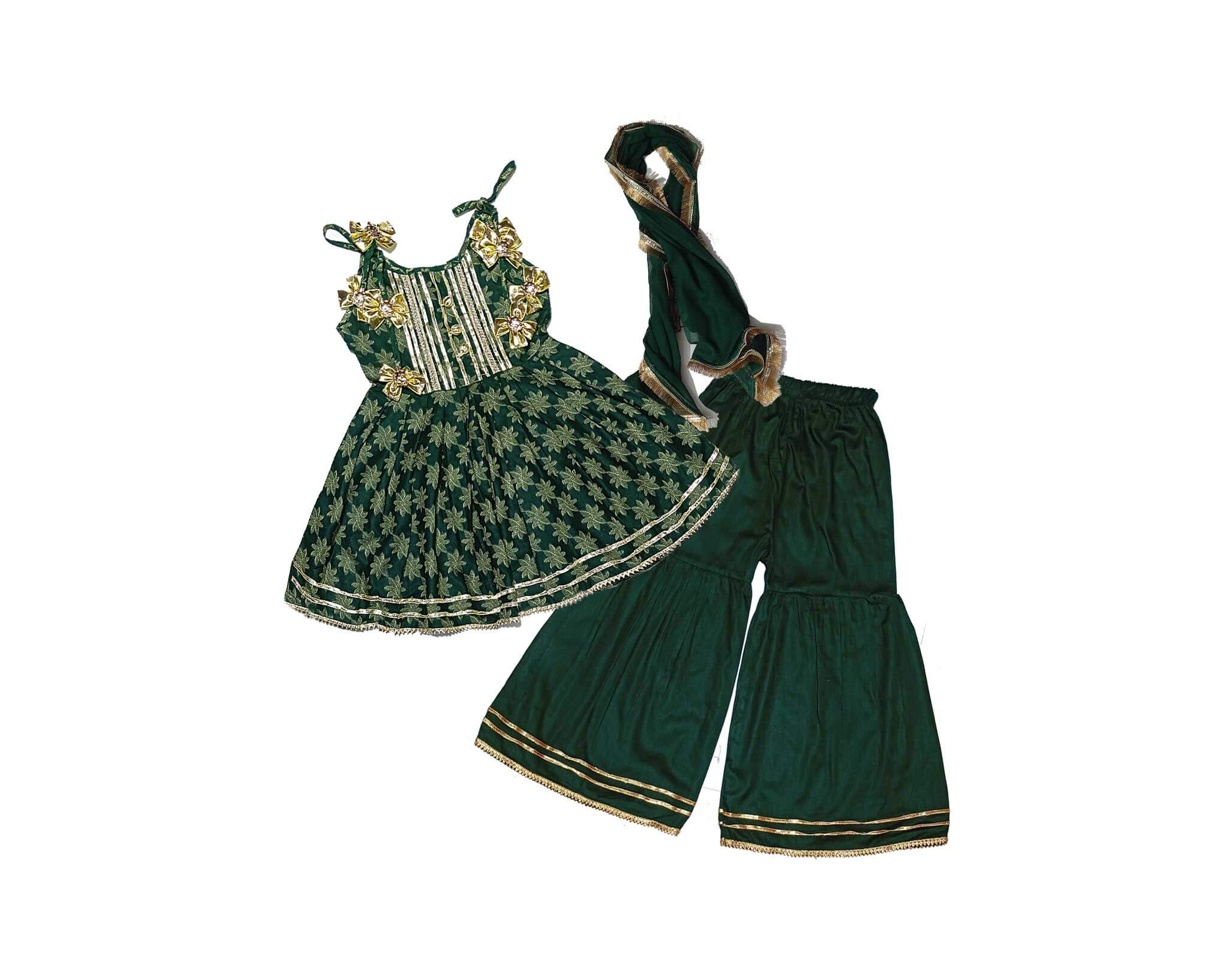 Sunflowers Festive Fancy Brochia Lawn Frock & Gharrara -Green