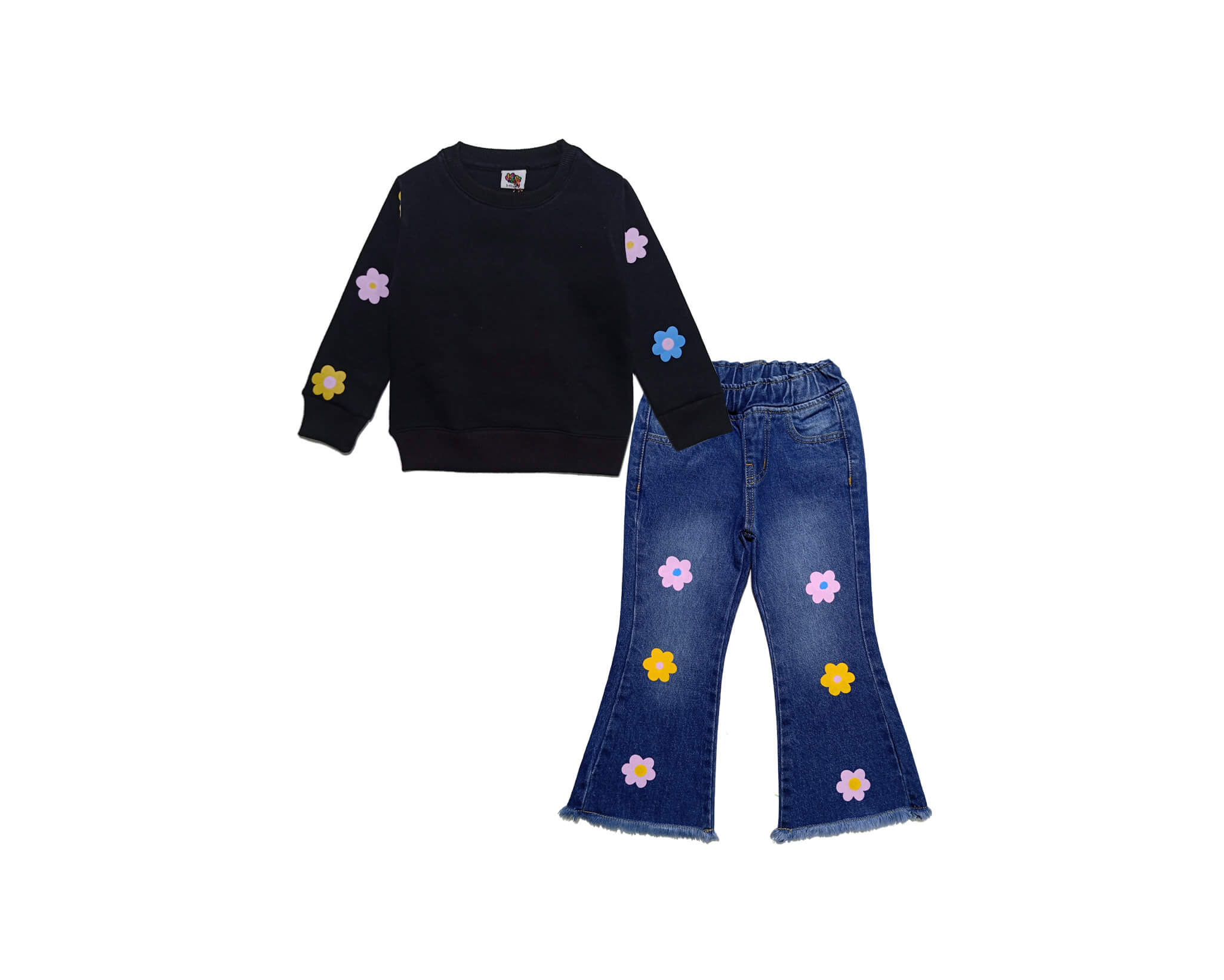 Sunflowers Fleece Sweat with Denim Flapper - Black &amp; Blue
