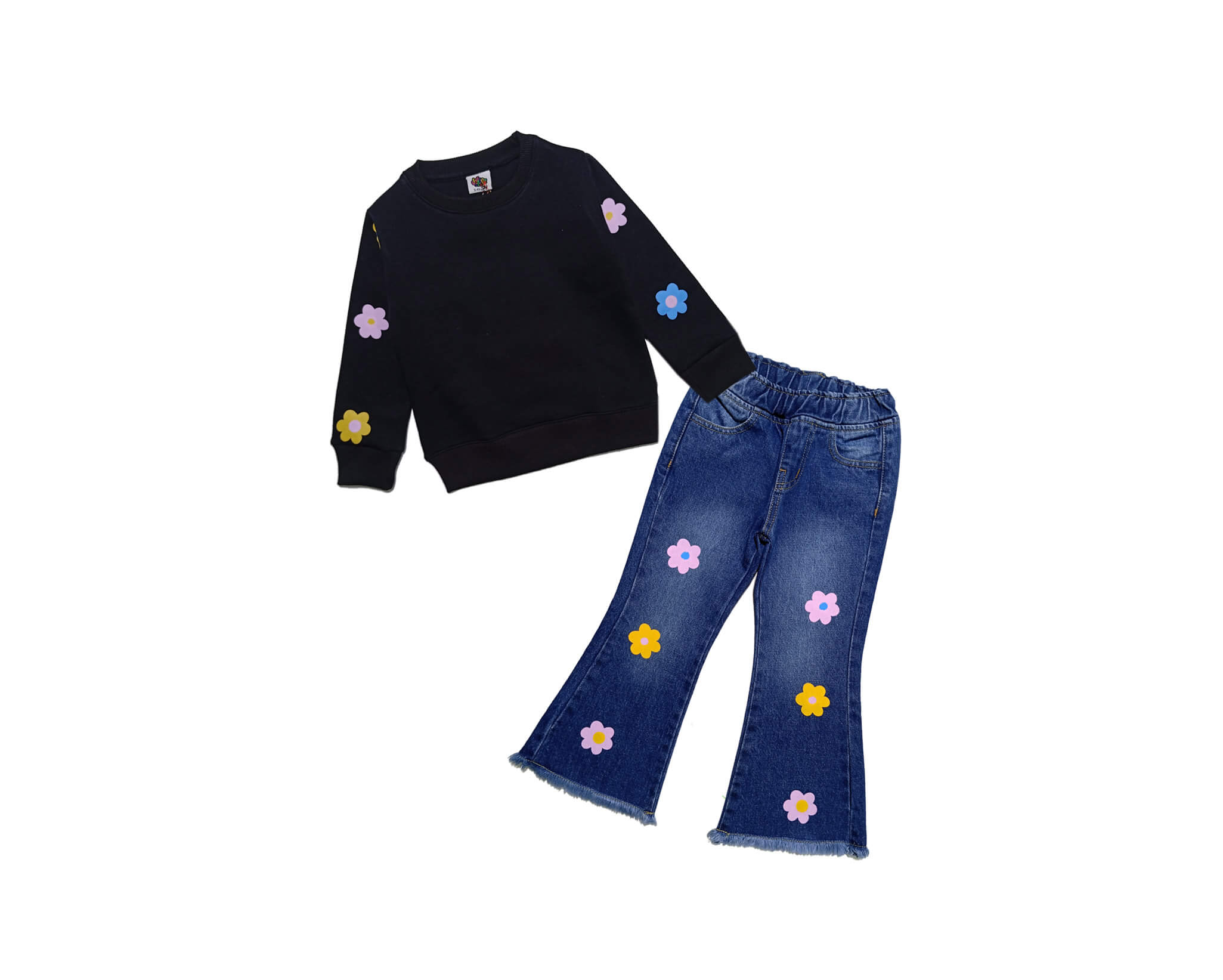 Sunflowers Fleece Sweat with Denim Flapper - Black &amp; Blue