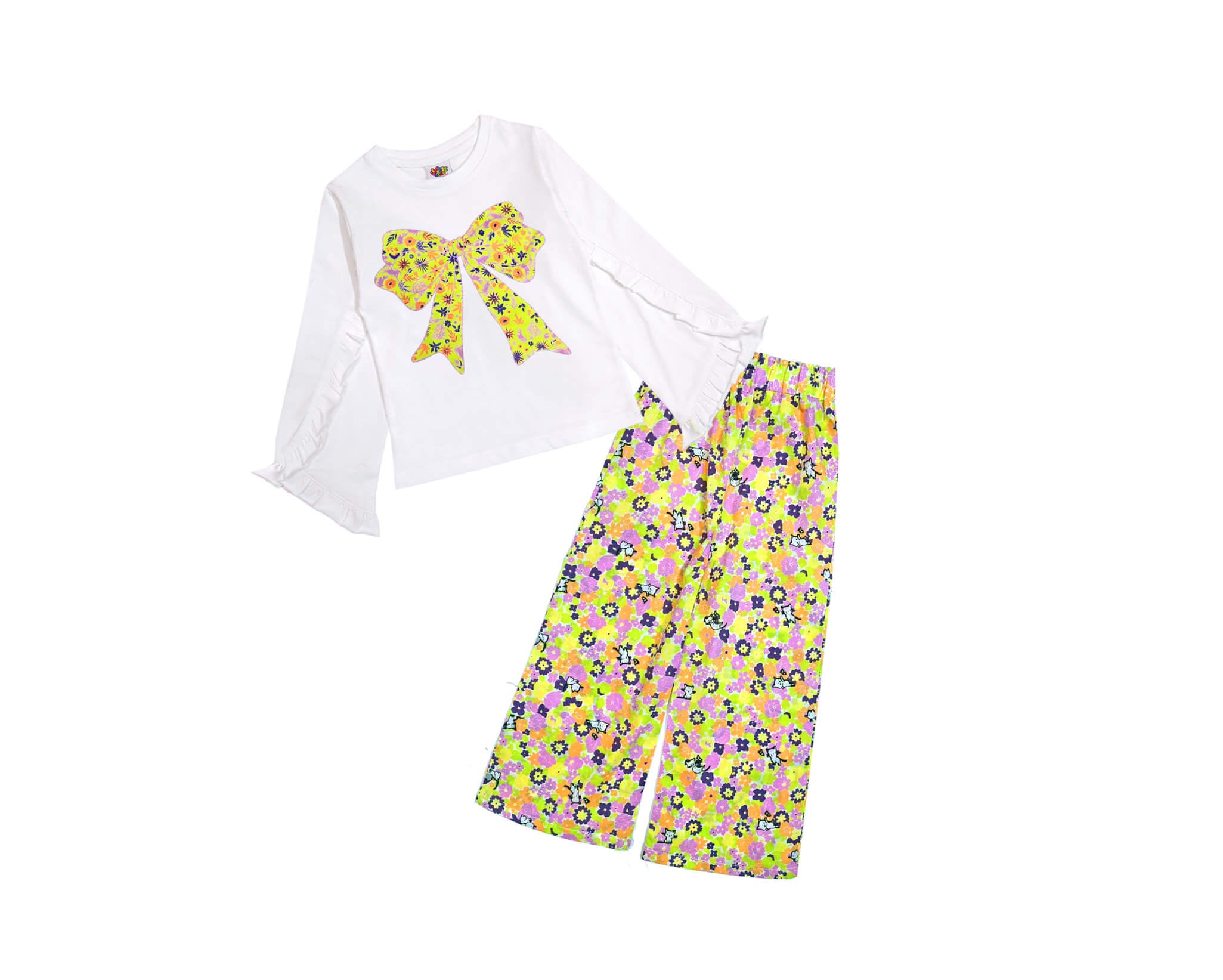 Sunshine Floral Bow Palazzo Set - White &amp; Yellow