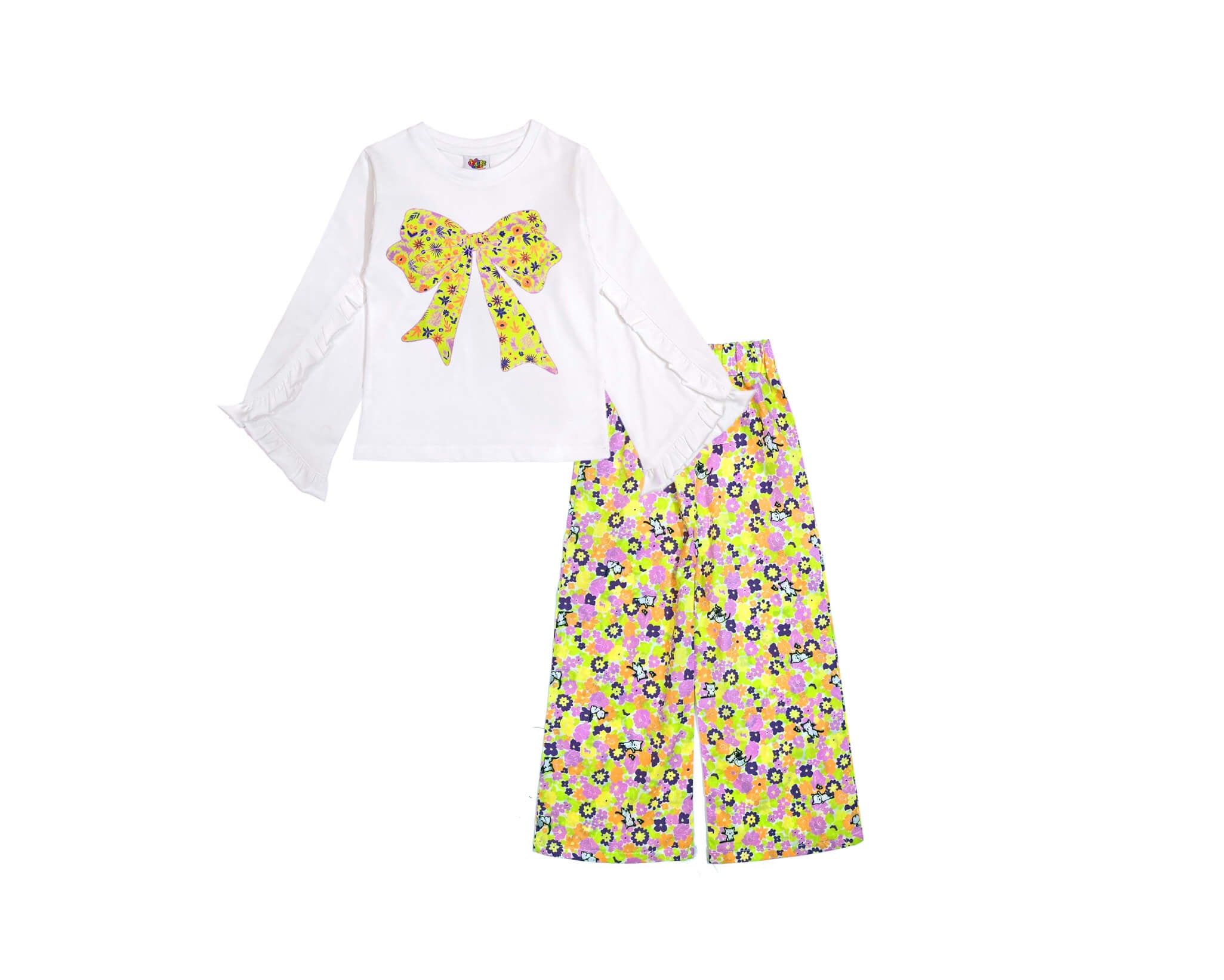 Sunshine Floral Bow Palazzo Set - White &amp; Yellow