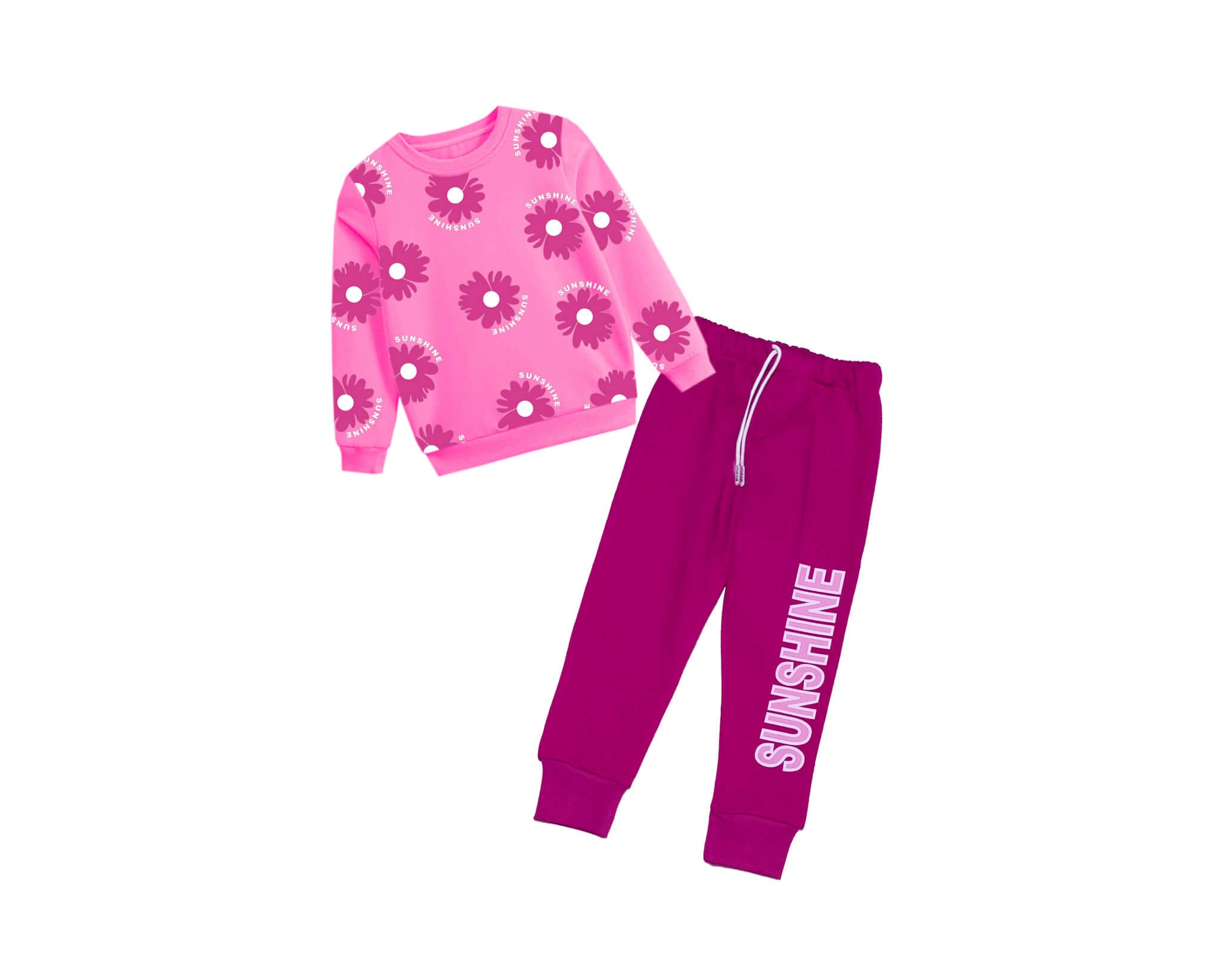 Sunshine Flowers Fleece Tracksuit -Pink &amp; Shocking Pink