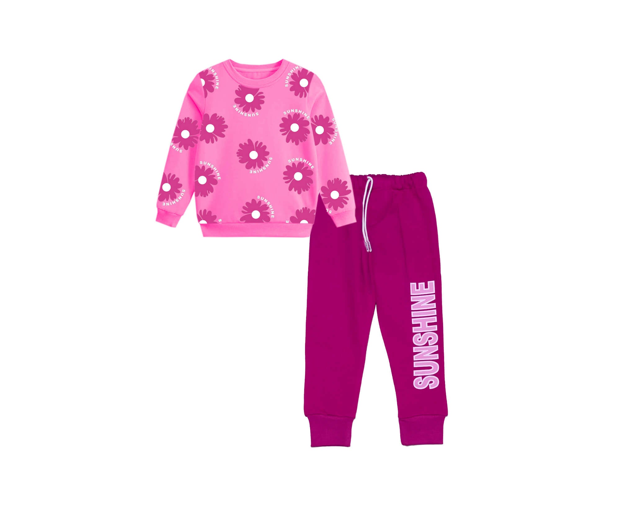 Sunshine Flowers Fleece Tracksuit -Pink & Shocking Pink