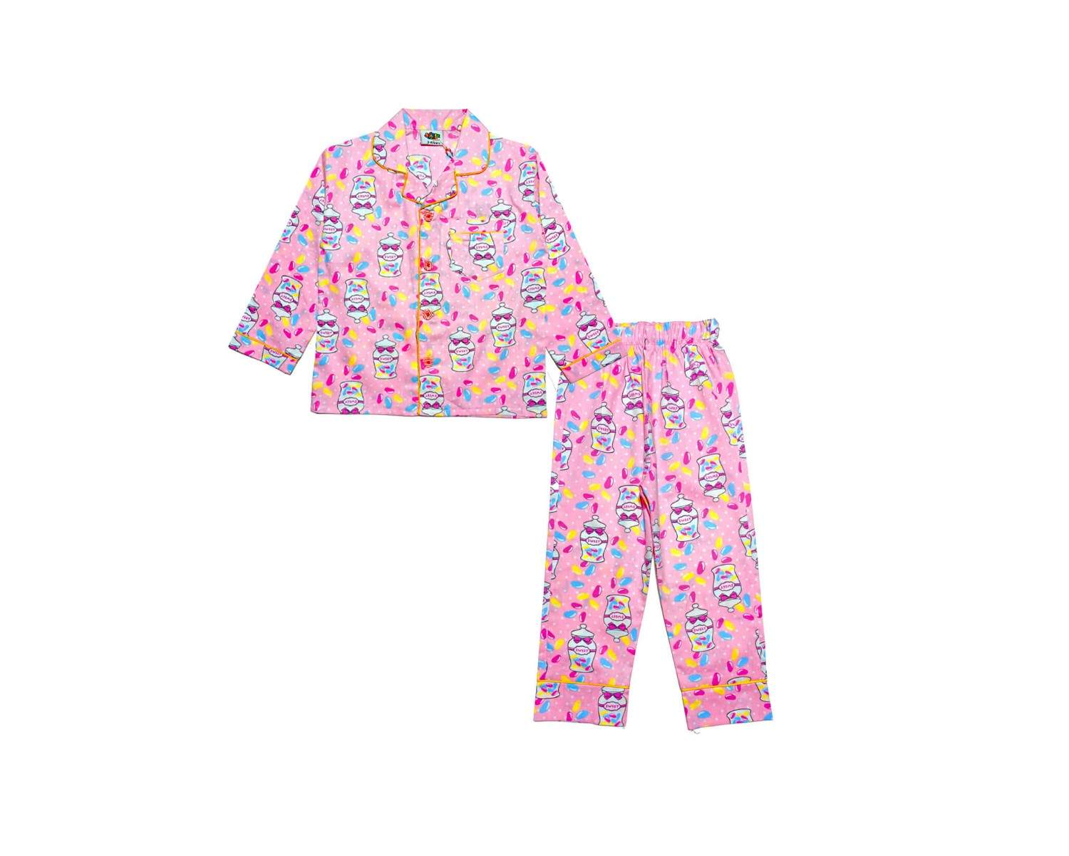 Sweet Candy Pot Full Sleeves Cotton Night Suit -Dark Baby Pink