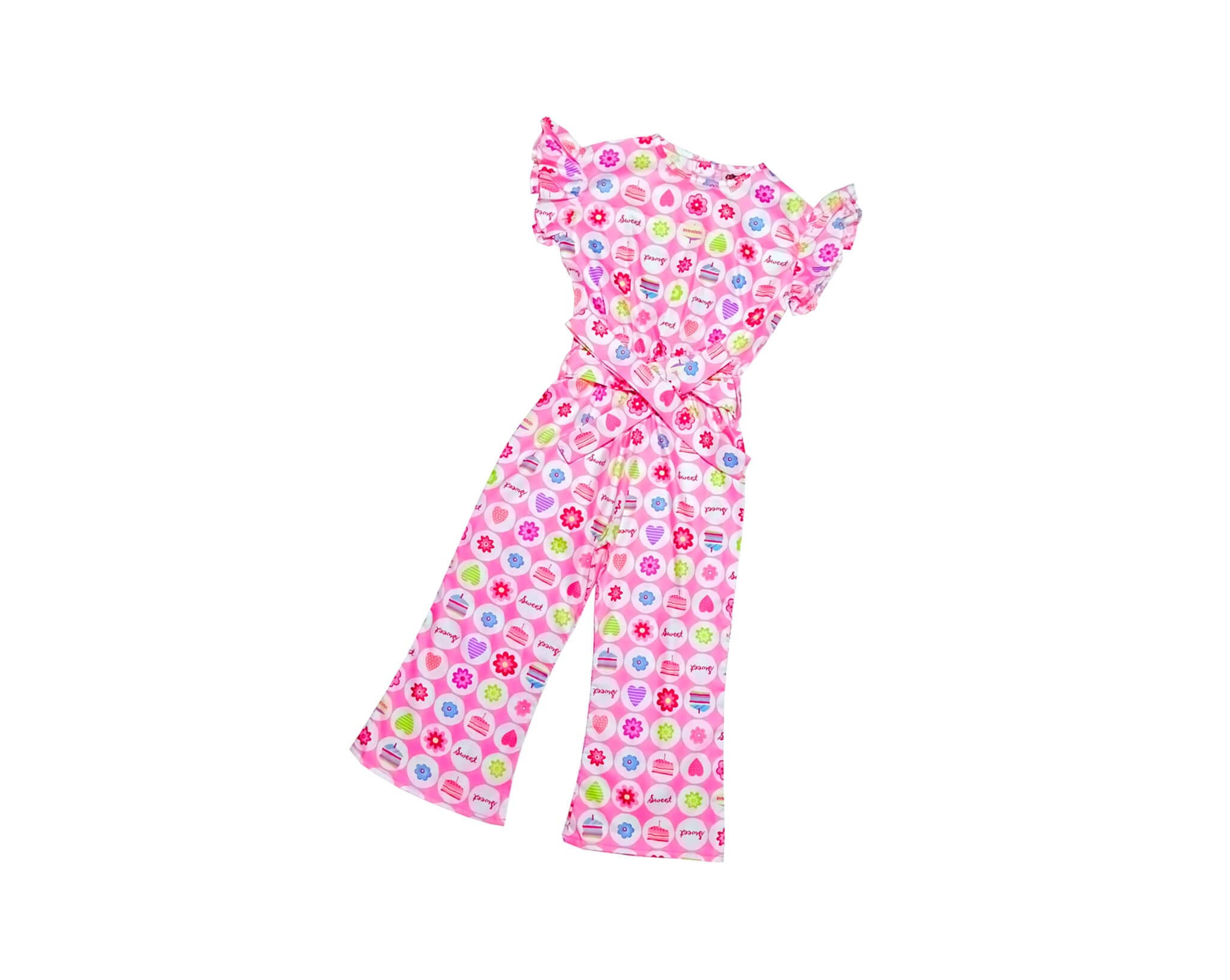 Sweet Cookies Print Cotton Frill Sleeves JumpSuit -Baby Pink