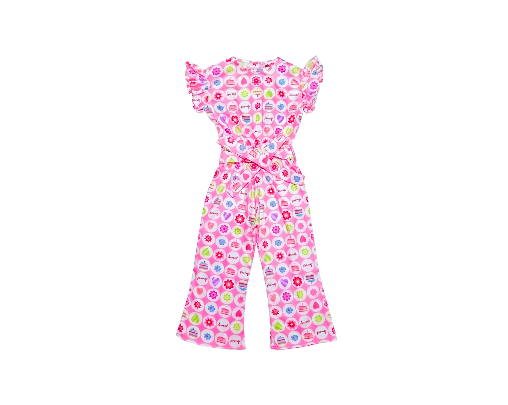 Sweet Cookies Print Cotton Frill Sleeves JumpSuit -Baby Pink