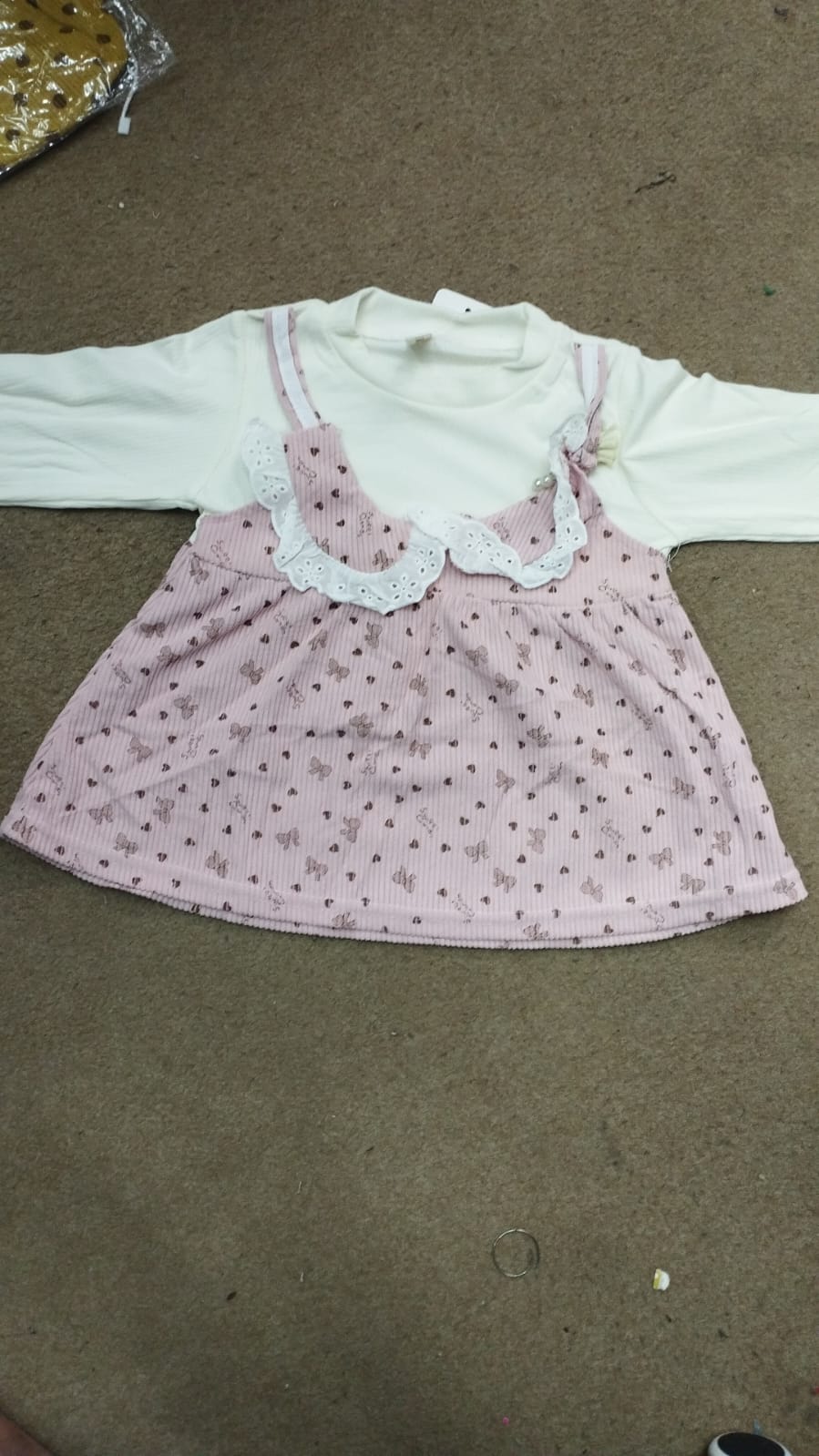Sweet Pink Bunny Print Pinafore Dress with White Lace Trim - Pink & Off White