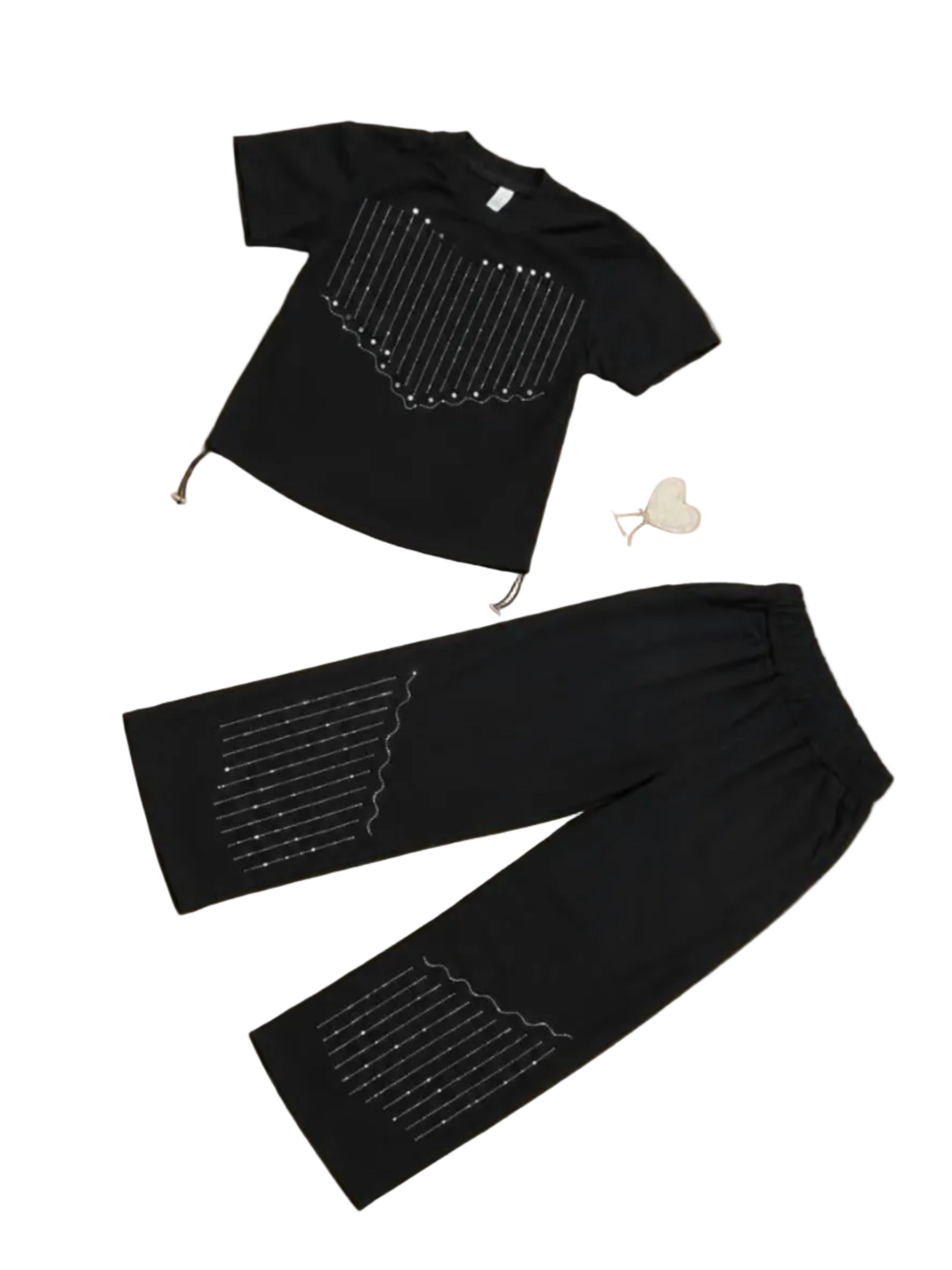 Tee & Trouser Black With Heart Prils - Black
