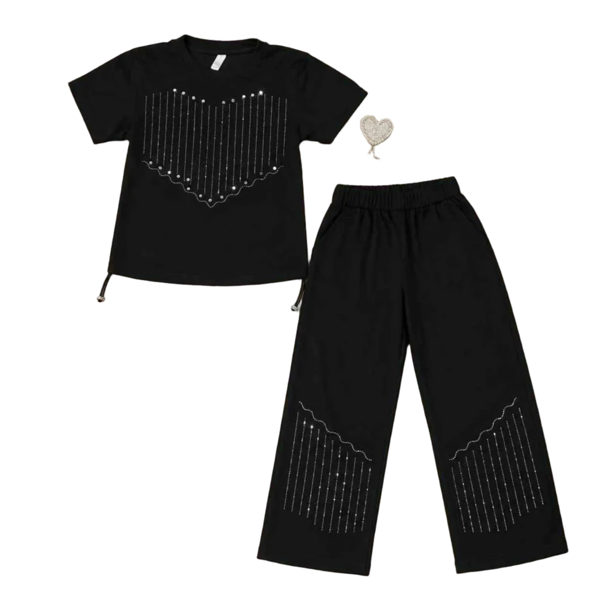 Tee & Trouser Black With Heart Prils - Black